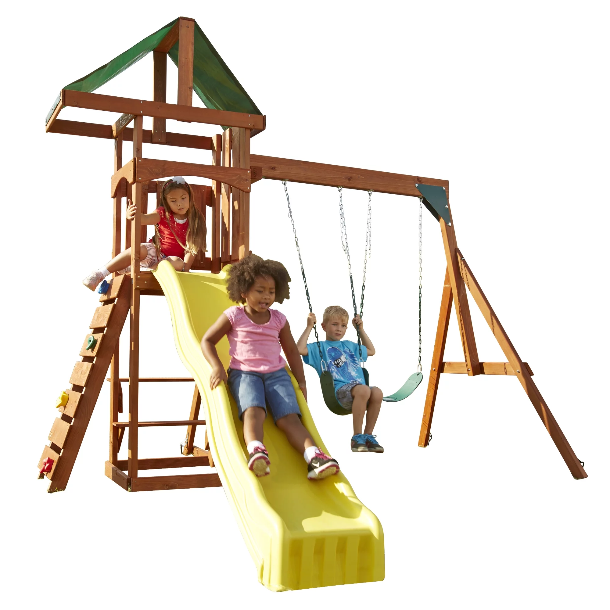Swing-N-Slide Scrambler Wooden Backyard Play Set With Slide, Climbing Wall, and Swings