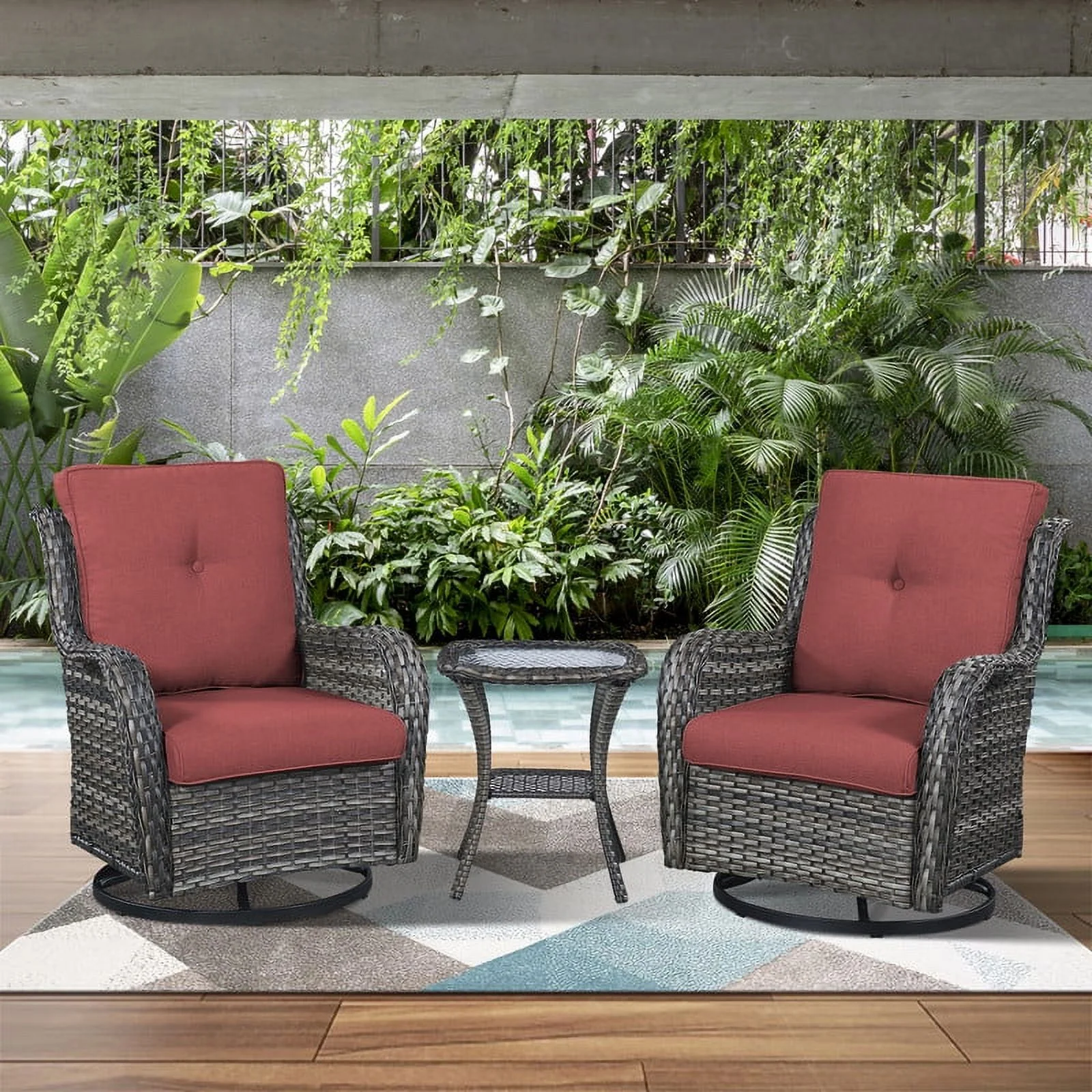 PARKWELL 3-Piece Outdoor Swivel Gliders with Thick Cushions and Side Table - Rattan Wicker Bistro Furniture Set - Gray Wicker and Red Cushion