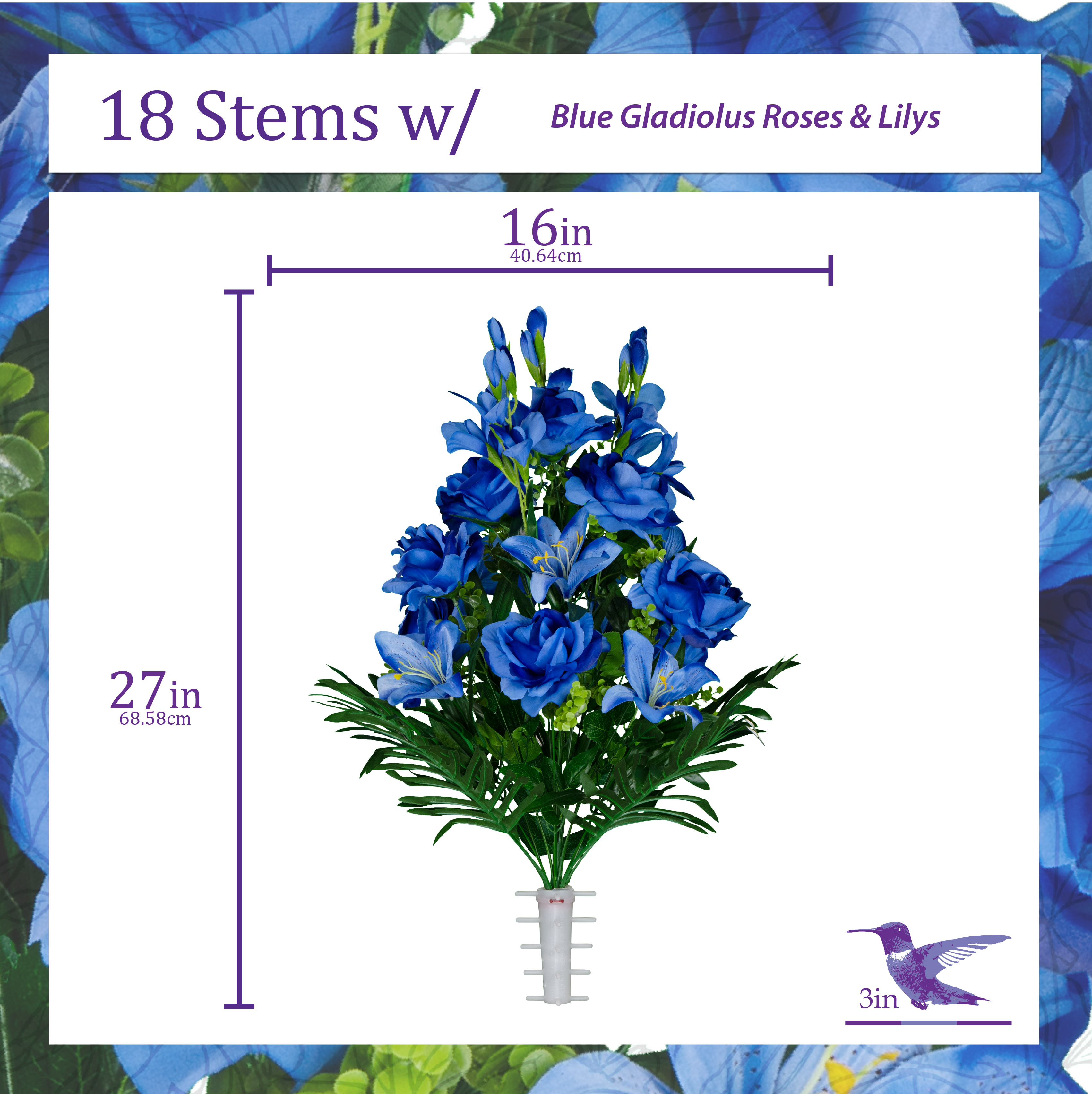 Sympathy Silks Artificial Cemetery Flowers Blue Gladiolus Rose and Lily Bouquet for Vase