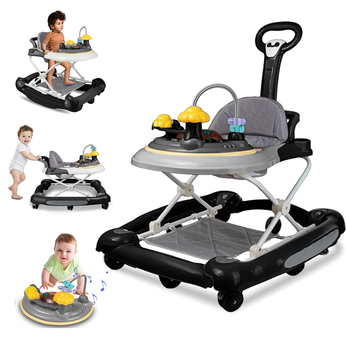 ANJORALA Baby Walker with Music and Toys, Infant Walker for Boys Girls, Adjustable Heights, Black