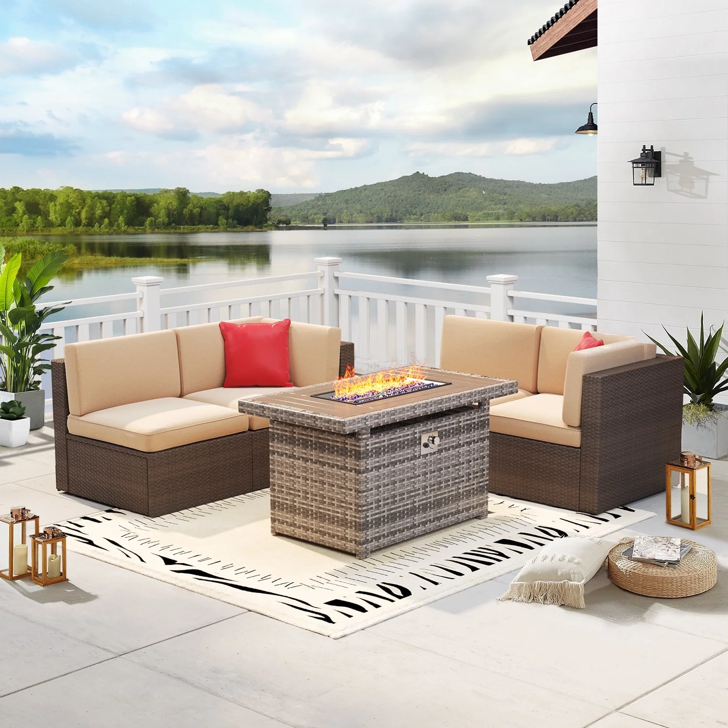 Aoxun 5 Piece Outdoor Patio Conversation Set with 44-inch Fire Pit Table,Outdoor Furniture Sectional Wicker Sofa Set with Beige Cushions