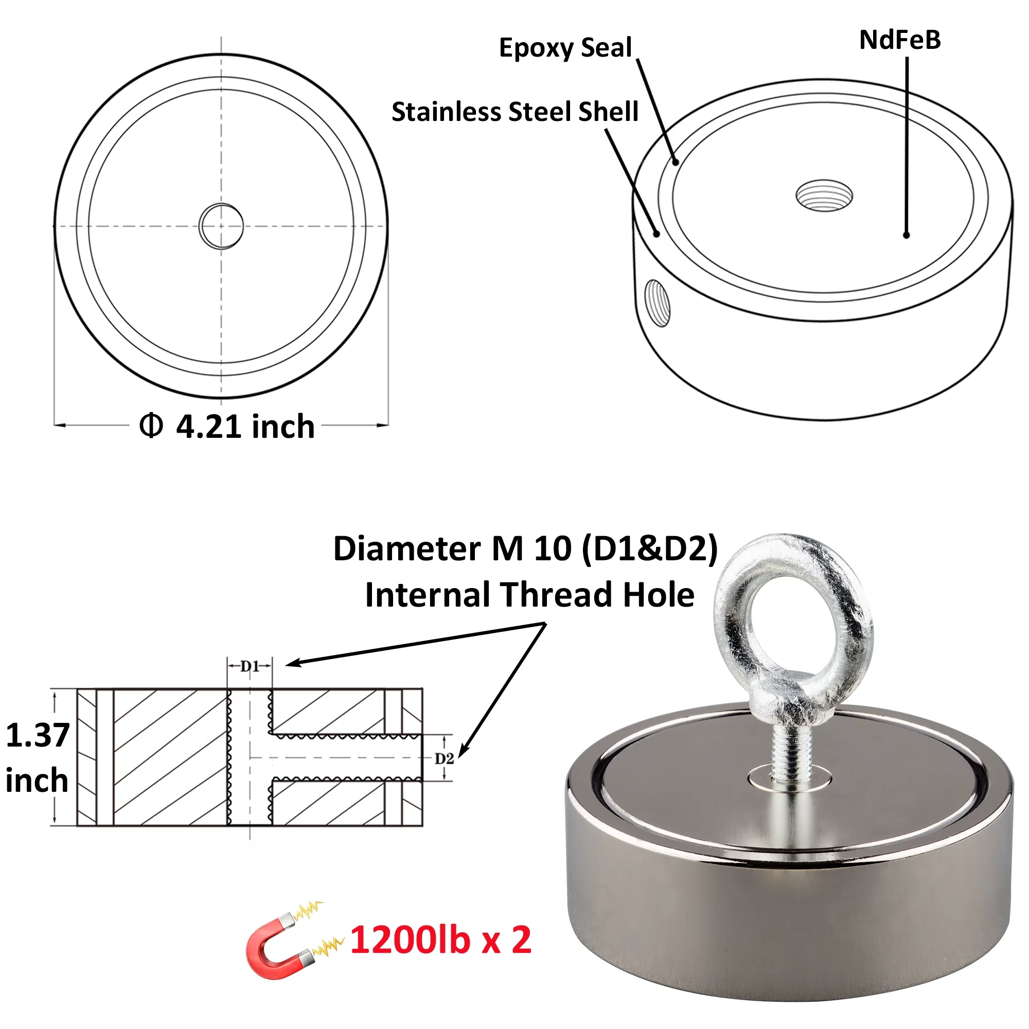 MUTUACTOR Magnet Fishing Kit Heavy Duty,Double Sides Combined 2400lb Powerful Neodymium Strong Magnets with Bolts for Retrieving Treasure in Rivers,Lakes