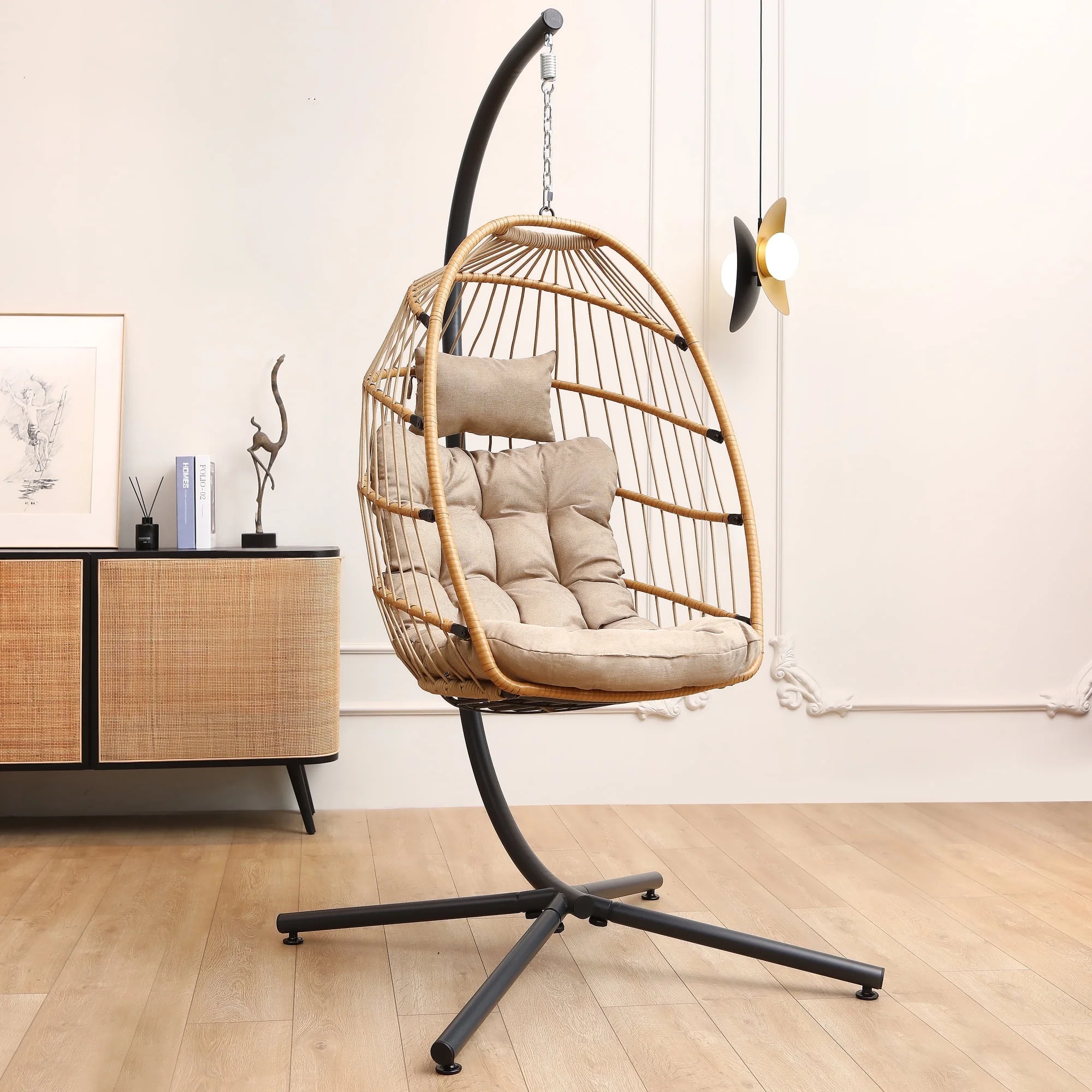 SWITTE Egg Chair with Stand PE Wicker Swing Chair and Beige Cushion