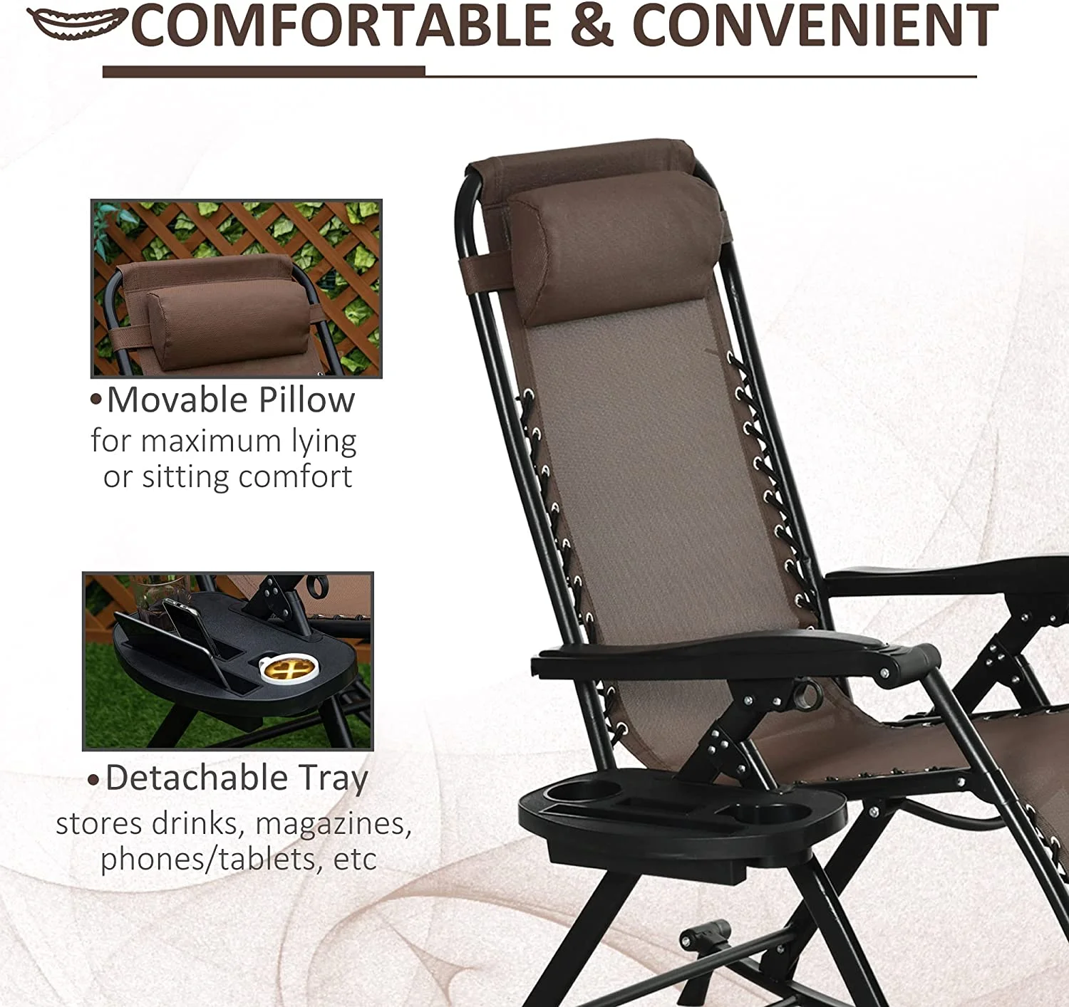 Outsunny Outdoor Rocking Chairs, Foldable Reclining Zero Gravity Lounge Rocker with Pillow, Cup & Phone Holder, Combo Design with Folding Legs, Brown