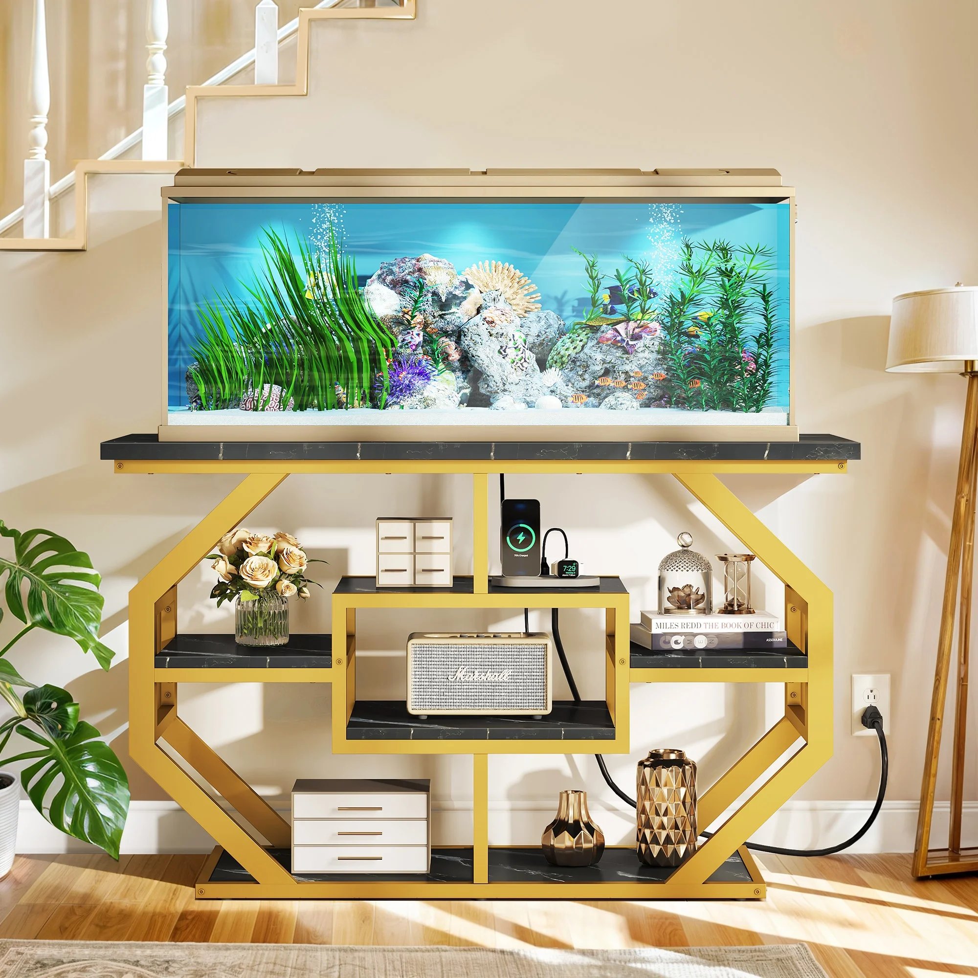 Dextrus Heavy Duty Metal Aquarium Stand with Power Outlets - Suitable for 55-75 Gallon Fish Tank Stand, Turtle Tank, Reptile Terrarium (865lbs Capacity) - Black & Gold