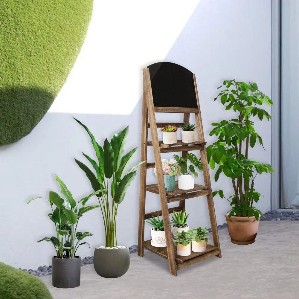 leecrd Wooden 4-Tier Ladder Shelf Foldable Bookshelf Plant Stand Display Shelf  Black