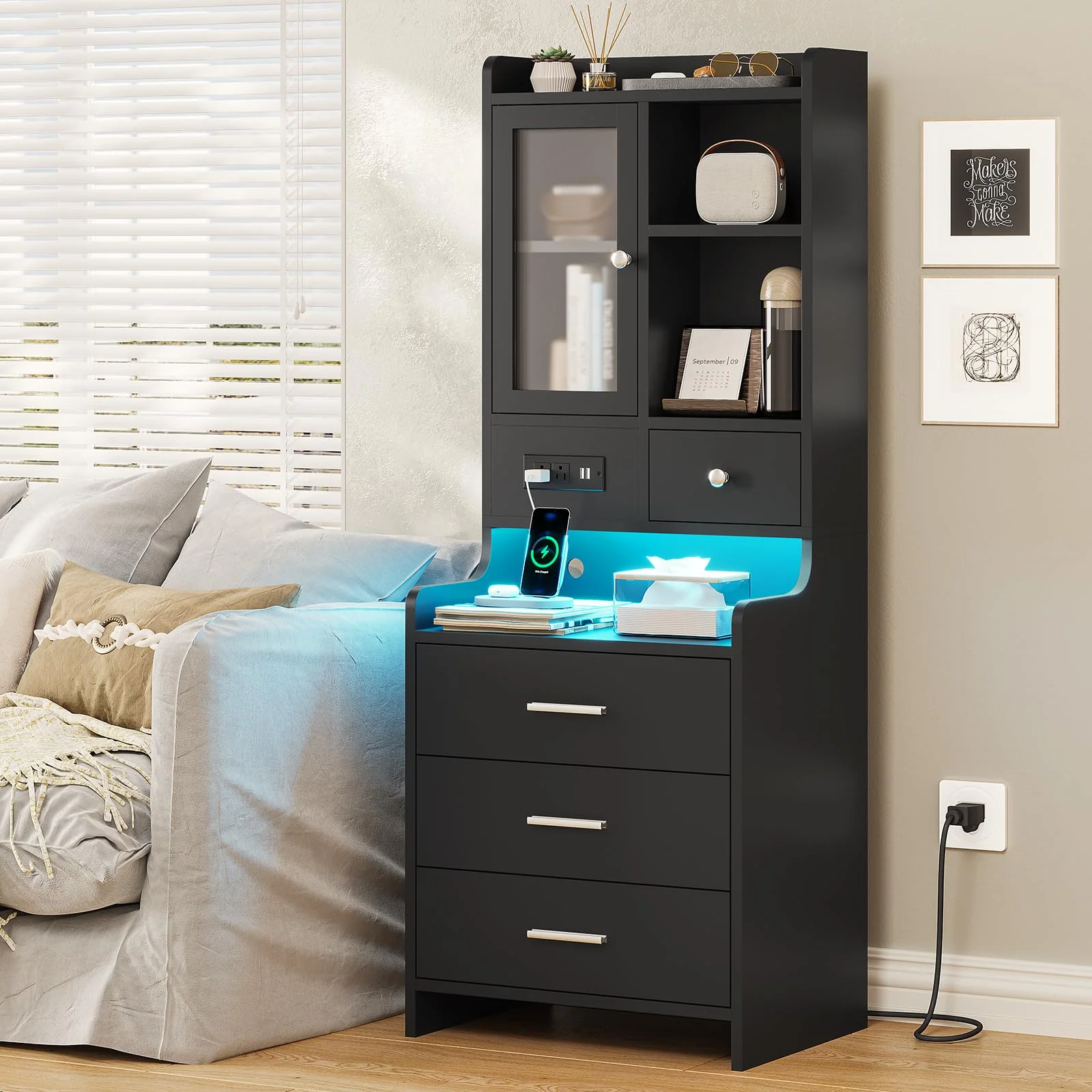 Tall Night Stand with Charging Station and LED Lights,49.2