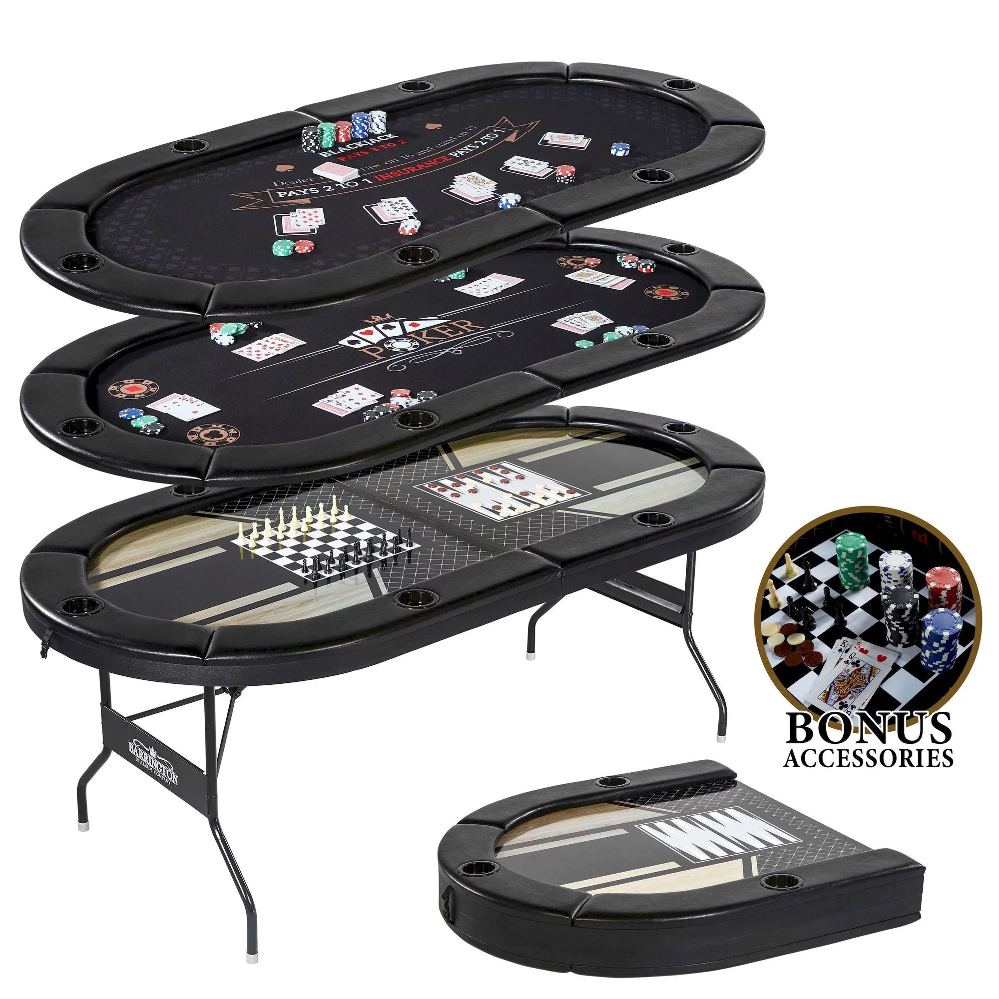 Barrington 6 Player 5 in 1 Poker and Card Game Table, Blackjack, Poker, Checker, Chess, Backgammon, Black