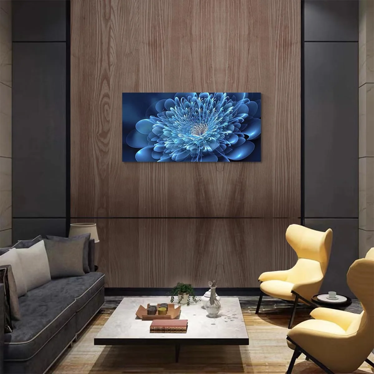 Large living room wall art/Blue canvas 3D textured flowers/For elegant and modern room decor/Framed wall art in bedroom office kitchen.