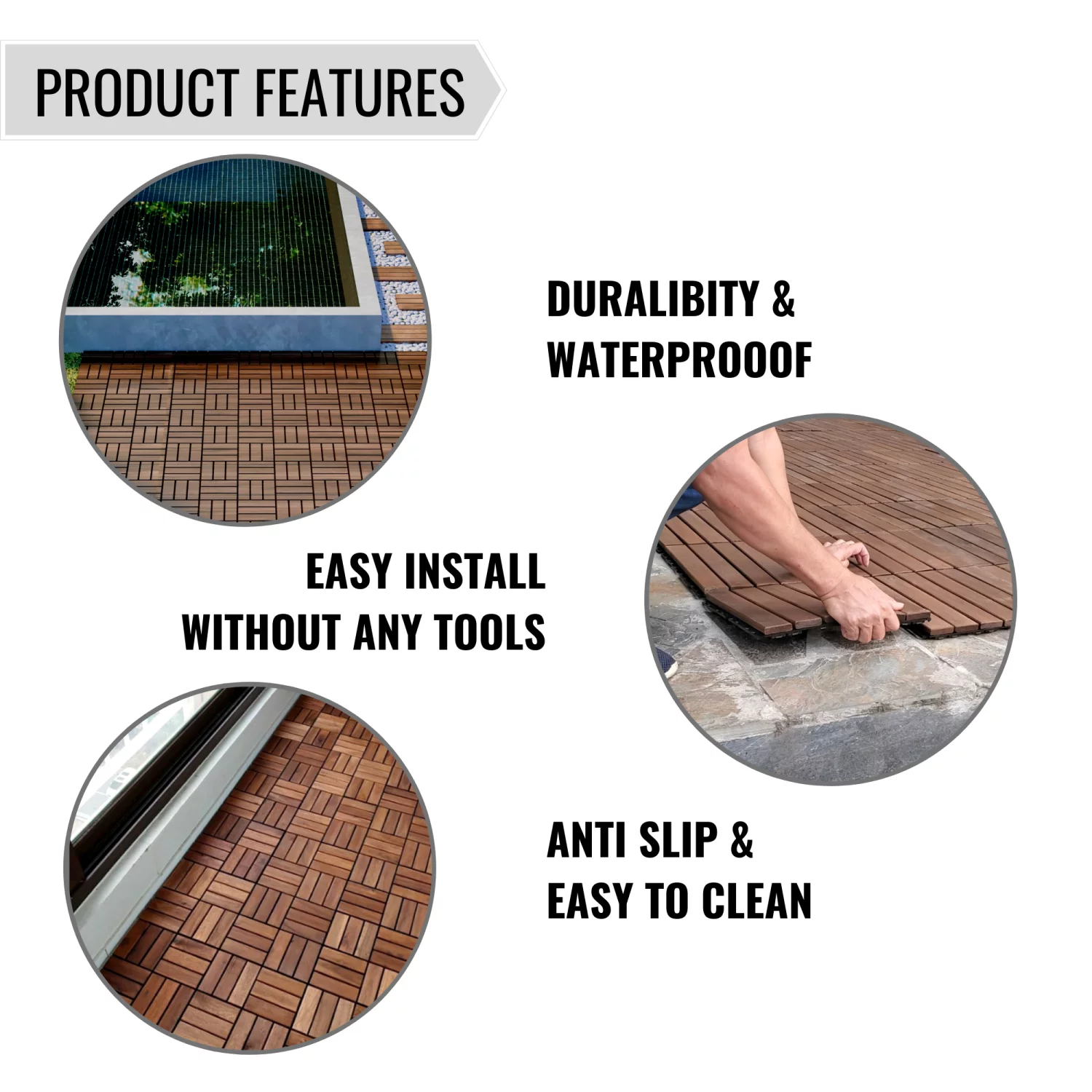 SUGIFT Patio Deck Tiles,Interlocking Flooring Tiles in Solid Acacia Wood Oiled Finish (Set of 10)