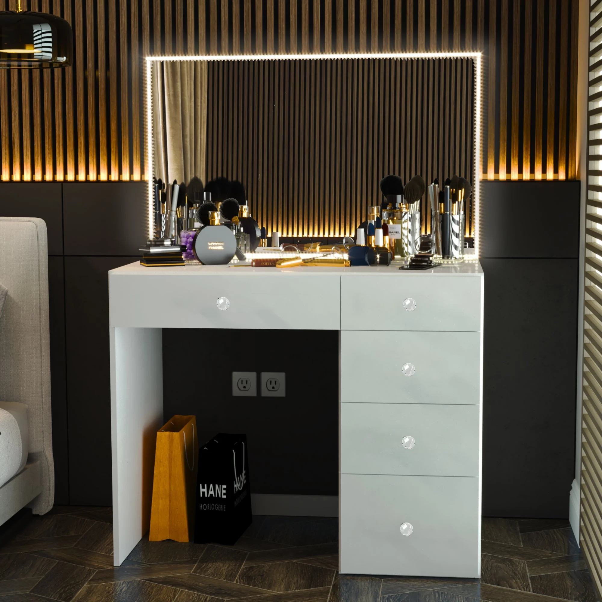 Boahaus Gaia Modern Makeup Vanity Desk with Mirror, LED Lights, Crystal Ball Knobs, White