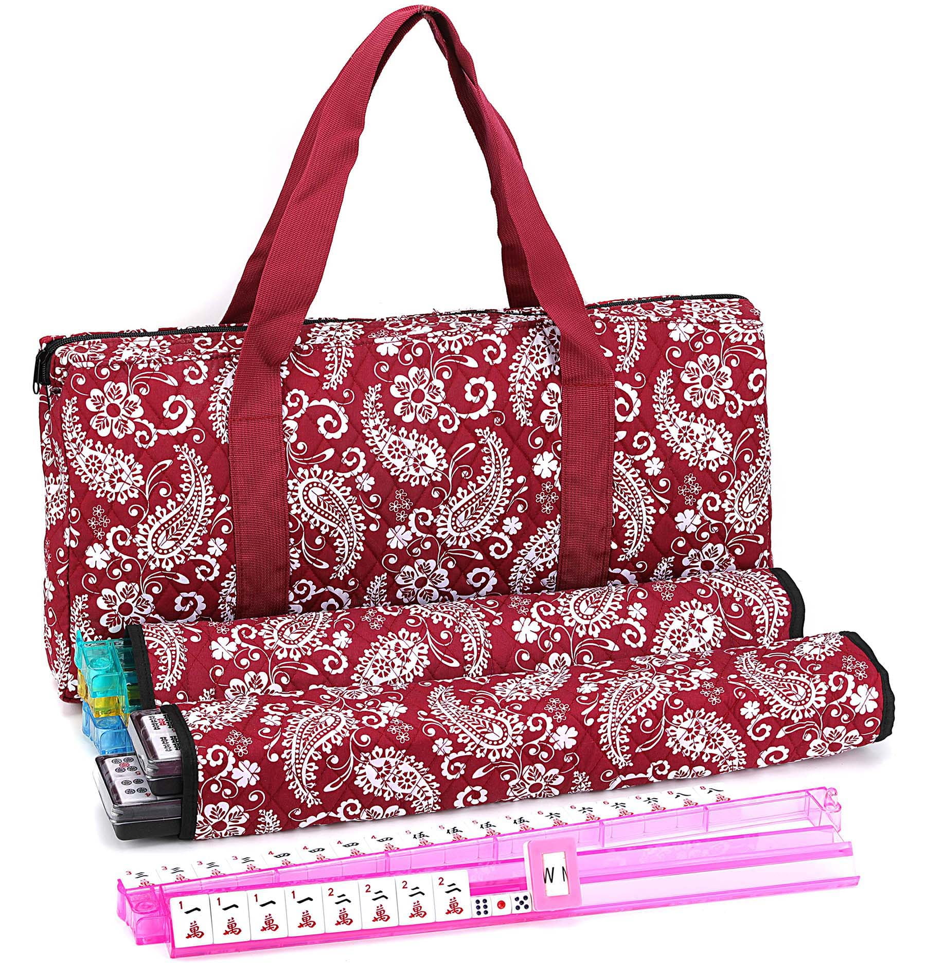American Mahjong Game Set, Red Paisley Carrying Bag,166 Premium White Tiles,4 All-in-One Color Rack/Pushers,100 Chips,1 Wind Indicator,Western Mahjongg Set,Complete Ma Jong Set with English Manual