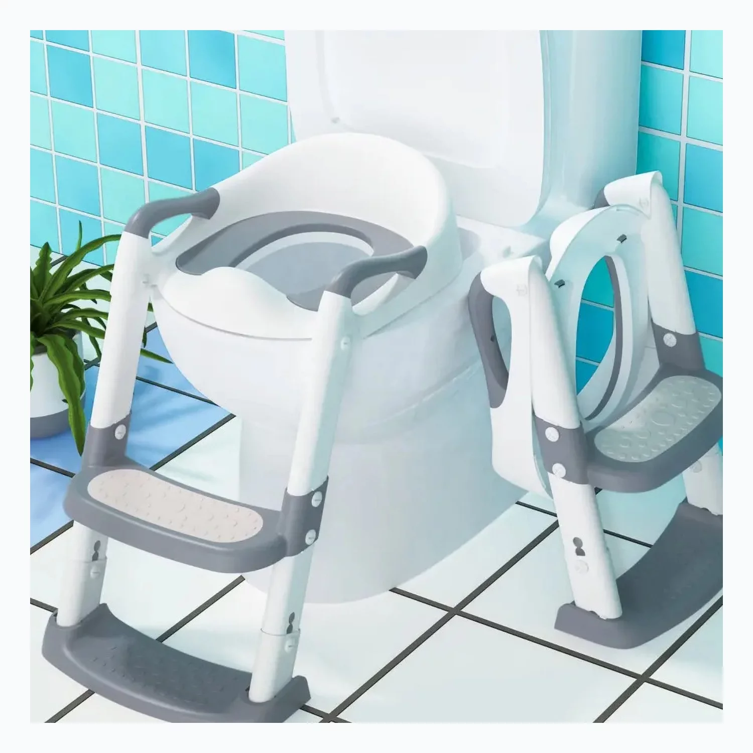 Toilet Potty Training Seat with Step Stool Ladder, RUseeN Potty Training Toilet for Kids Boys Girls Toddlers-Comfortable Safe Potty Seat with Anti-Slip Pads Ladder (Grey)