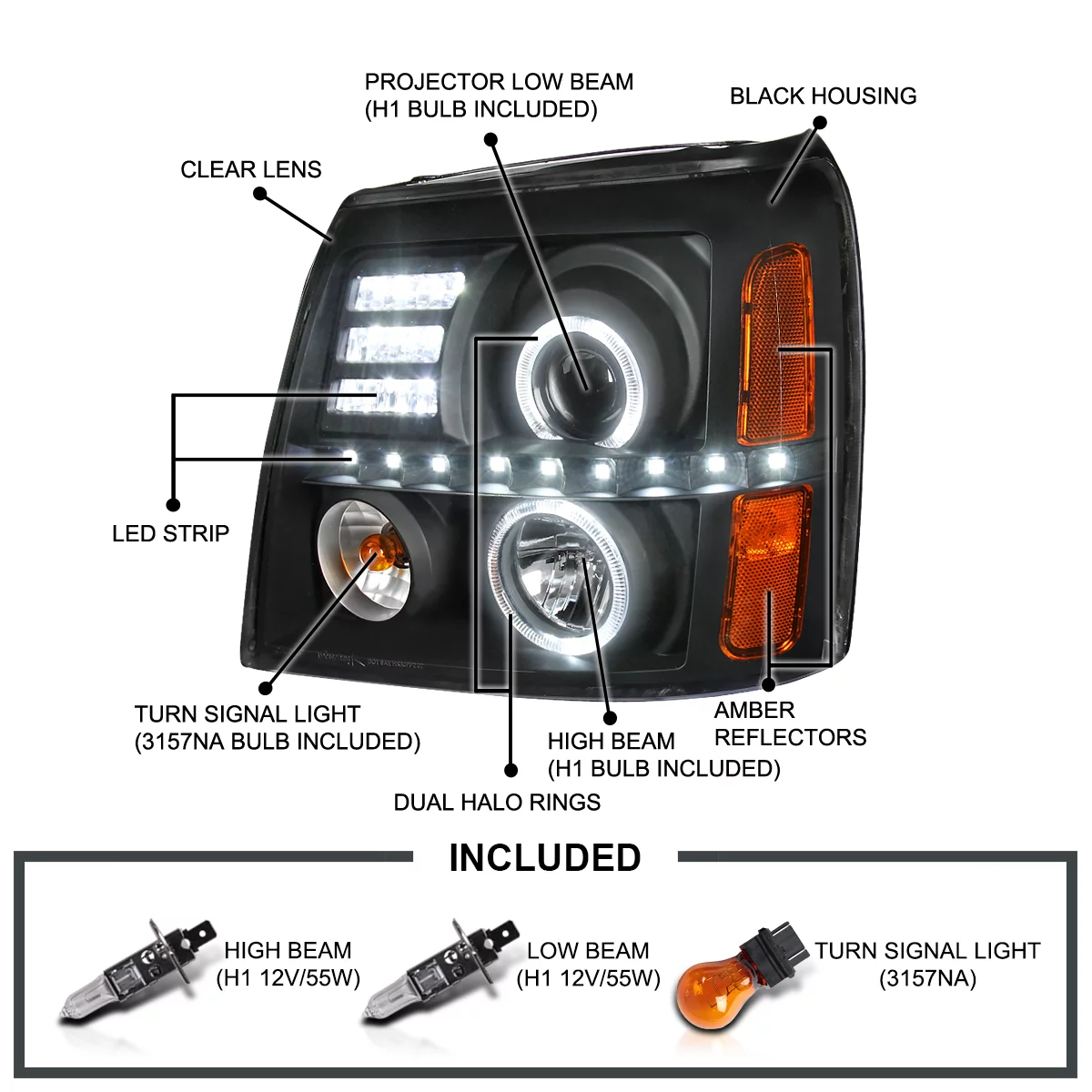 Spec-D Tuning LED Dual Halo Headlights Black Compatible with 2002-2006 Cadillac Escalade All, Left + Right Pair Headlamps Assembly