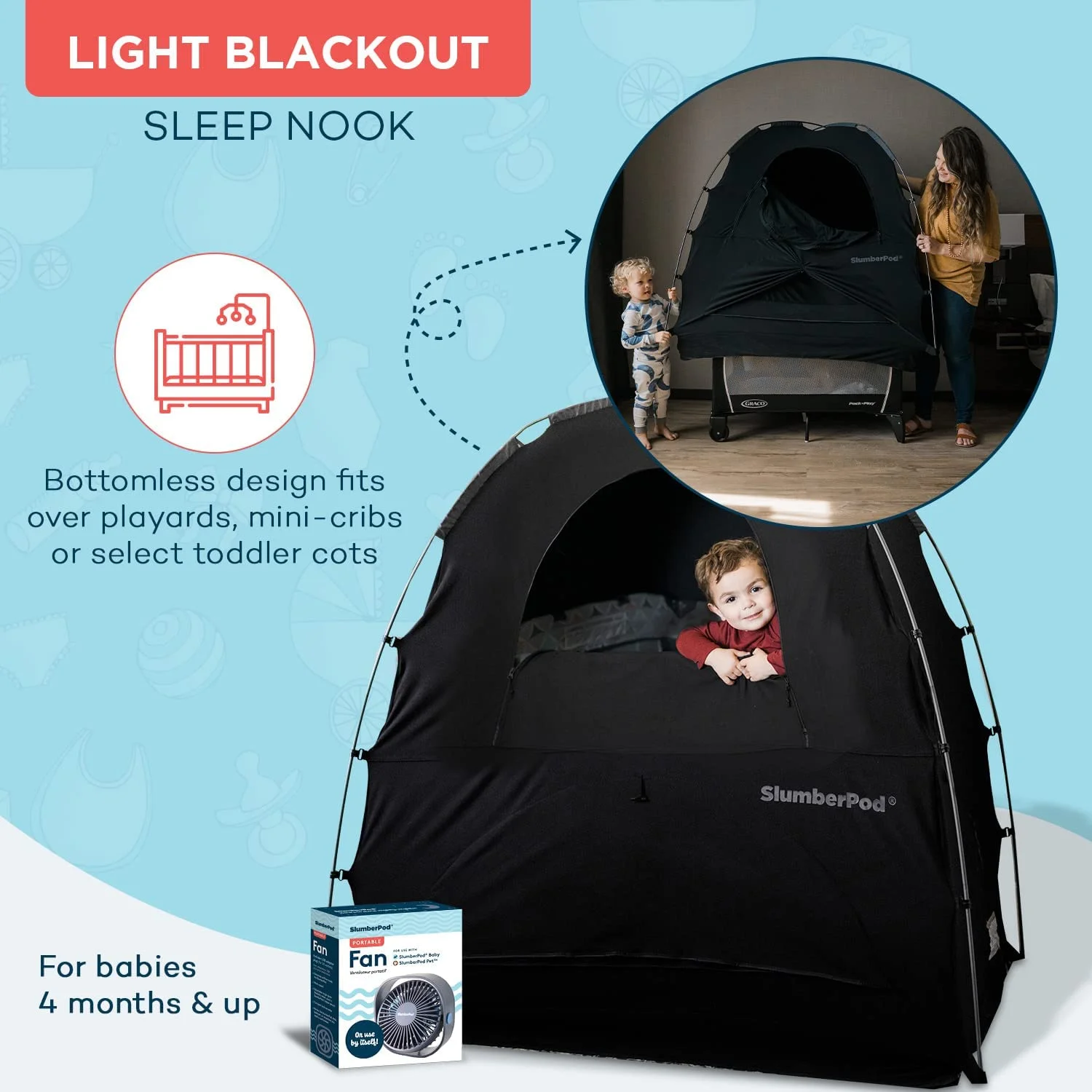 SlumberPod and Fan Combo 3.0  Portable Privacy Pod Blackout Canopy Crib Cover  Sleeping Space for Age 4 Months and Up  Pack n Play Blackout Cover  Baby Travel Crib Canopy (Black/Grey)