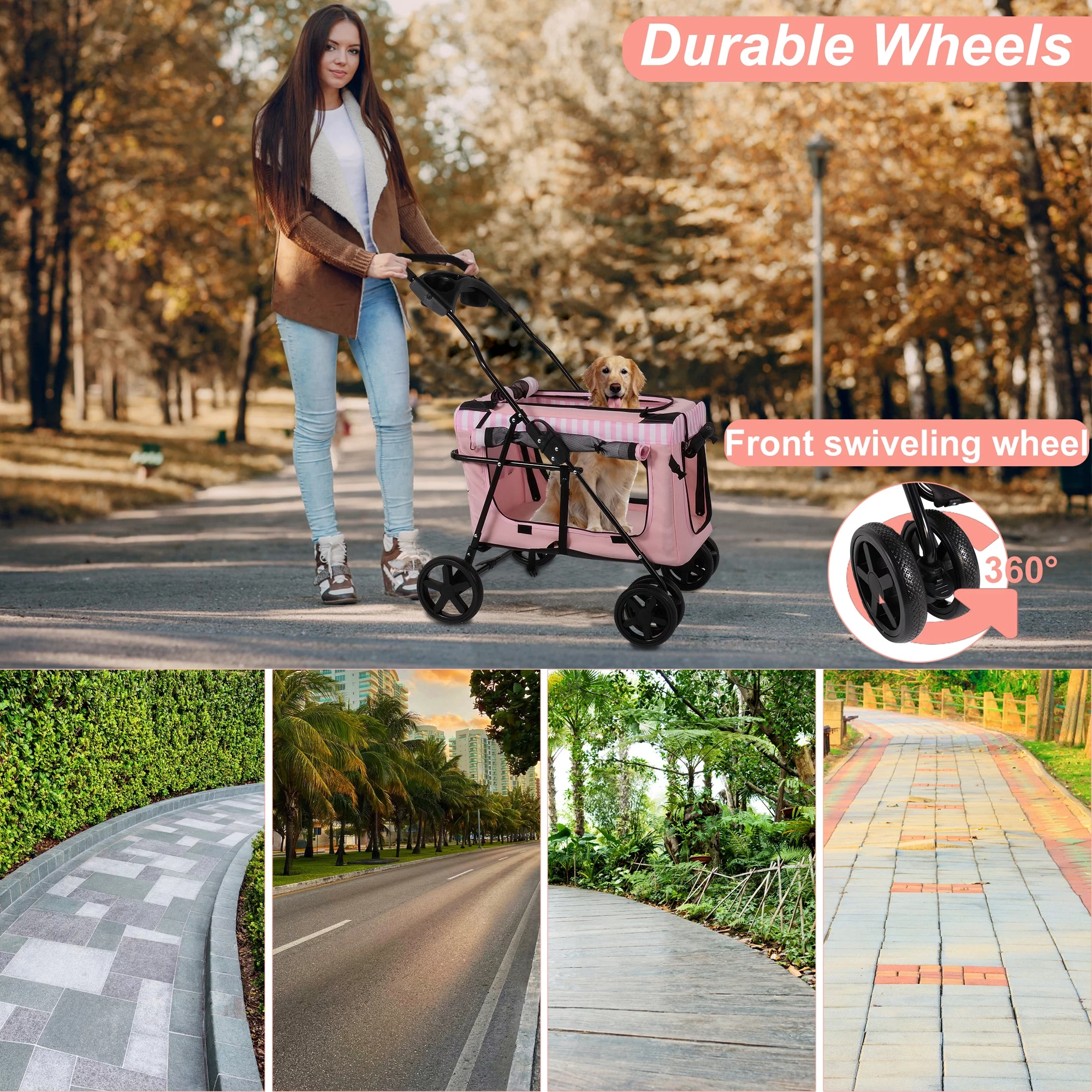 3-in-1 Folding Pet Dog Stroller, 4-Wheel Travel Dog Stroller with Water Cup Holder and Detachable Carrier Bag, Jogger with Pet Cat Kitten Puppy Carriages, Pink