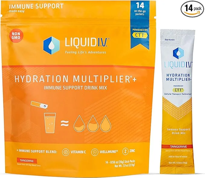 Liquid I.V. Hydration Multiplier + Immune Support - Tangerine - Hydration Powder Packets | Electrolyte Drink Mix | Easy Open Single-Serving Stick | Non-GMO | 14 Sticks