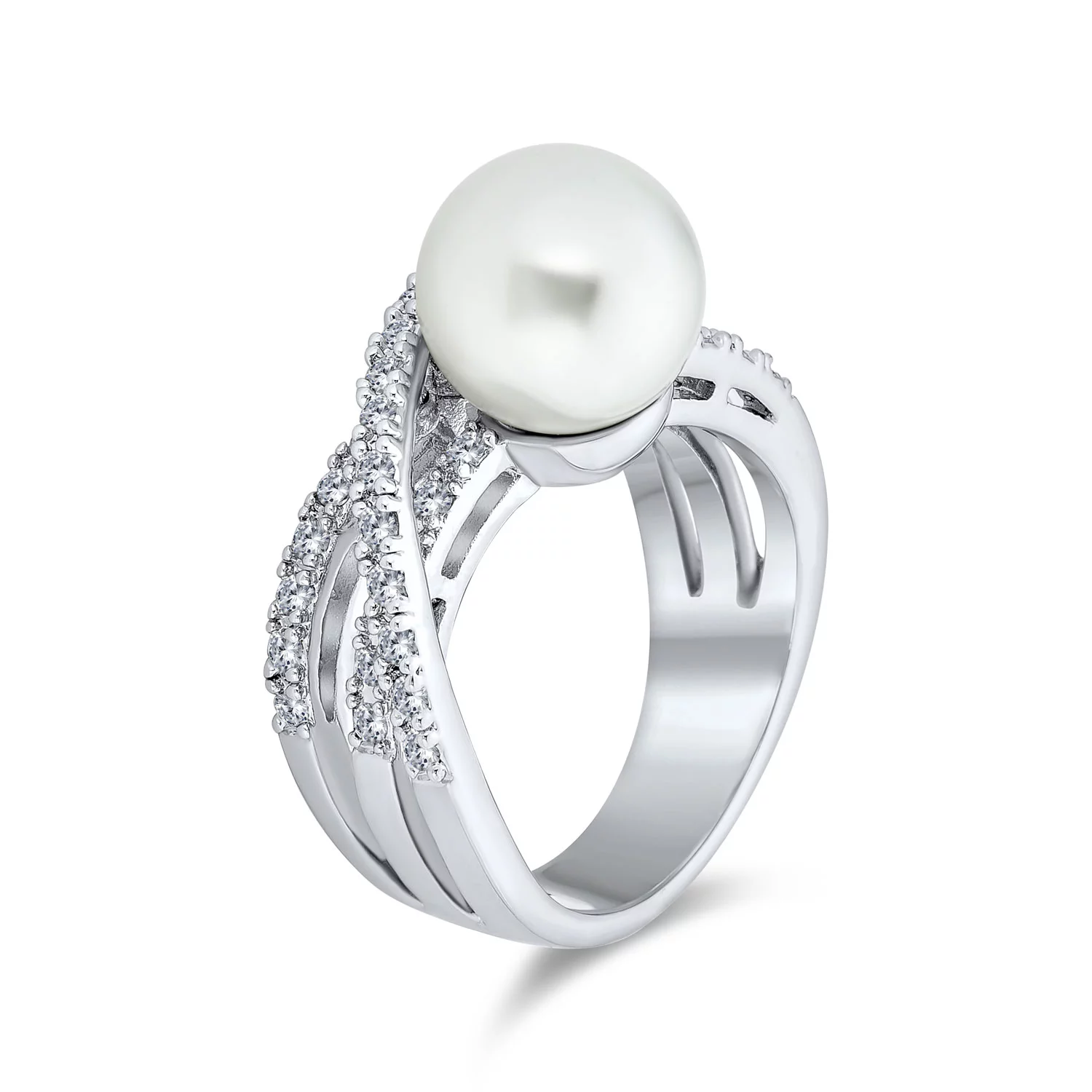 Bling Jewelry Criss Cross Pave CZ Solitaire White Imitation Pearl Statement Ring