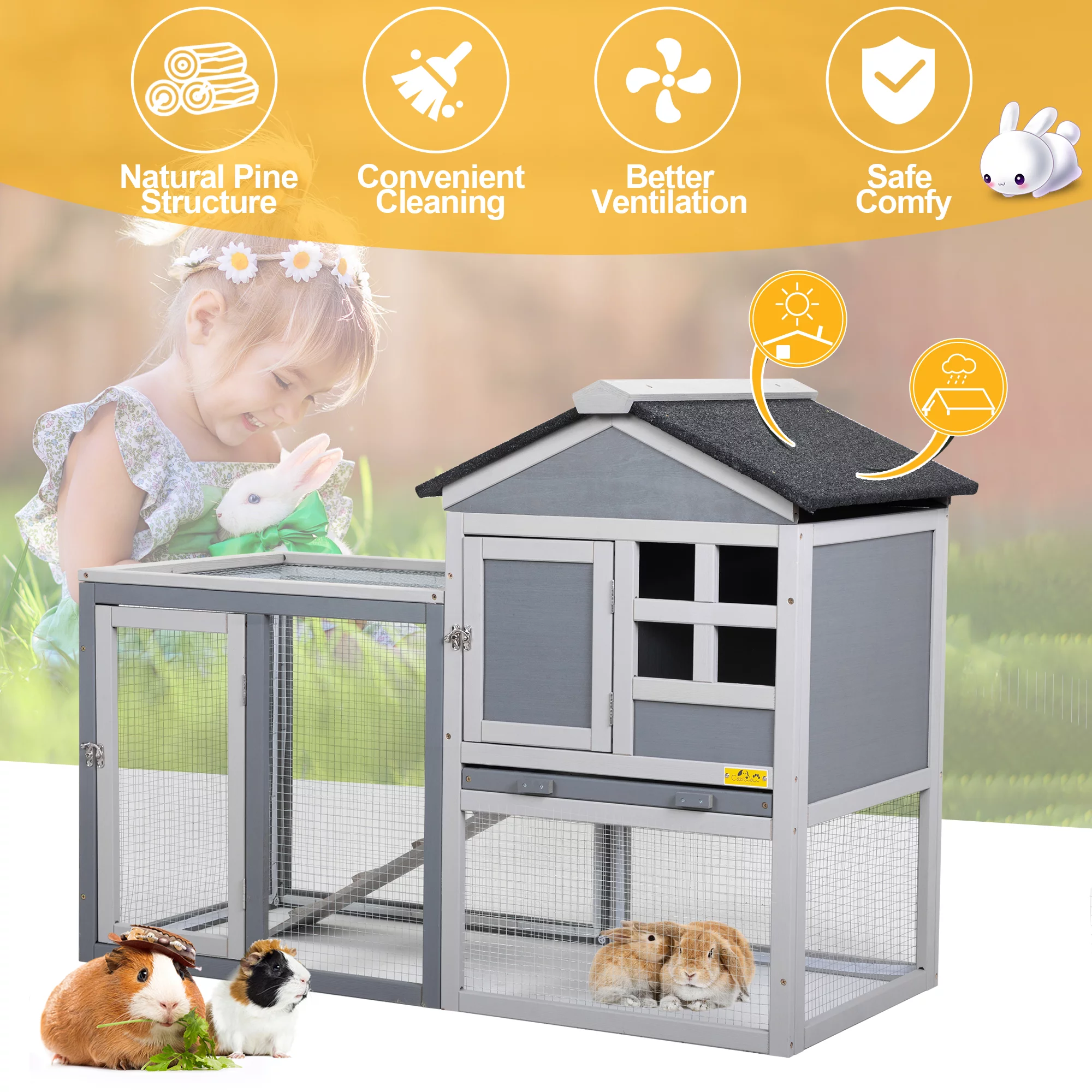 Coziwow Wooden Rabbit Hutch Small Animal Cage Guinea Pig Coop W/ Openable Roof, Gray