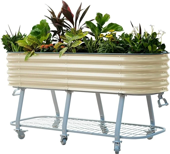 Vego Garden 2 x 6 ft Elevated Self-Watering Rolling Planter Raised Garden Bed Kits-Pearl White