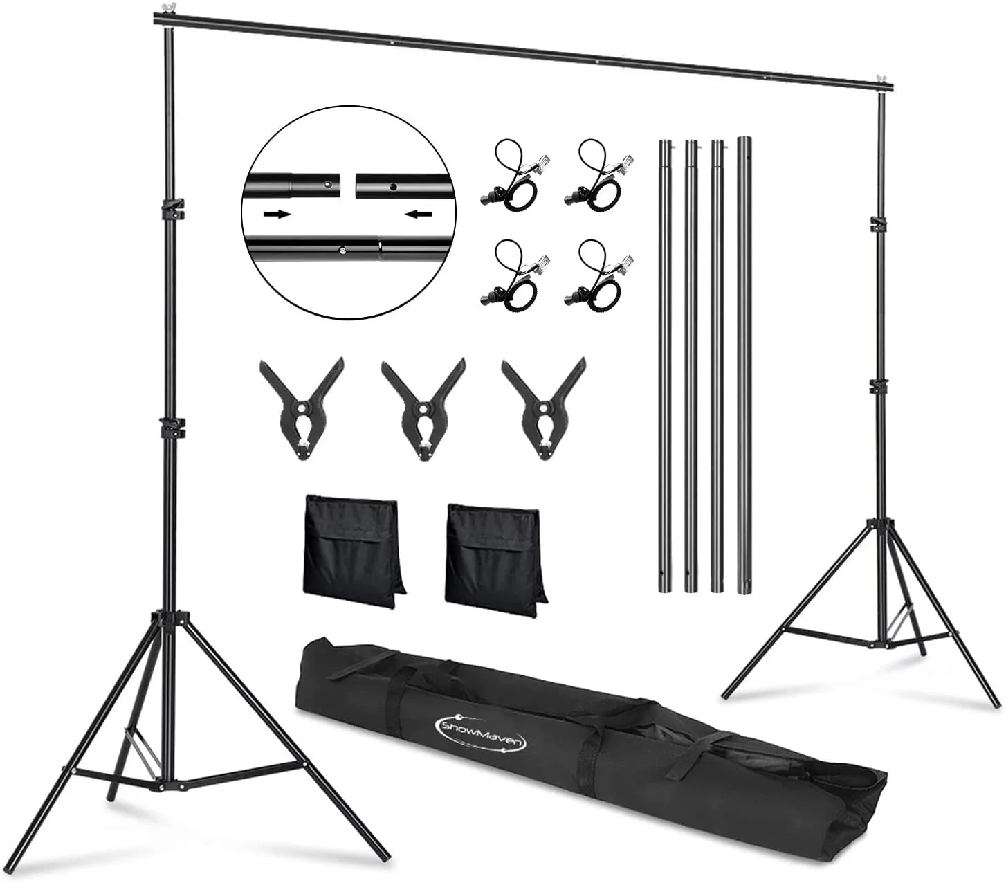 ShowMaven Background Stand, 6.5ft Height x 10ft Wide Adjustable Photo Backdrop Stand with Carry Bag, Clamps, Sangbags and Elastic String Clips
