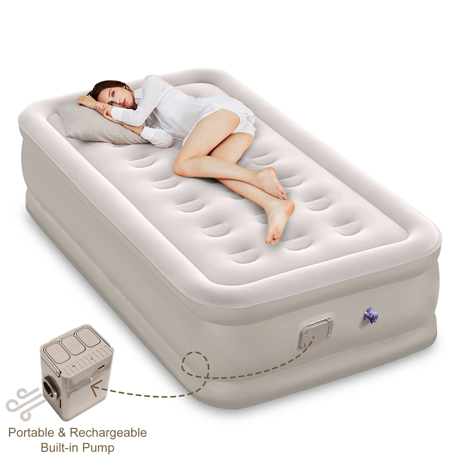 Inadays Twin Air Mattress with Built-In Pump Queen Blow Up Mattress 3 Mins Self Inflatable Air Bed Comfort Top Velvety Sleeping Surface for Guest Camping Home Portable Travel