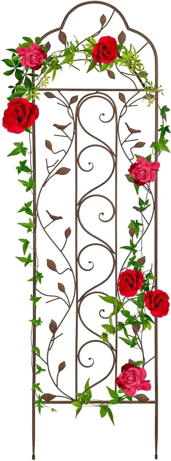60x15in Iron Garden Trellis, Arched Outdoor Decoration w/Branches, Birds for Lawn, Garden, Backyard, Climbing Plants - Bronze