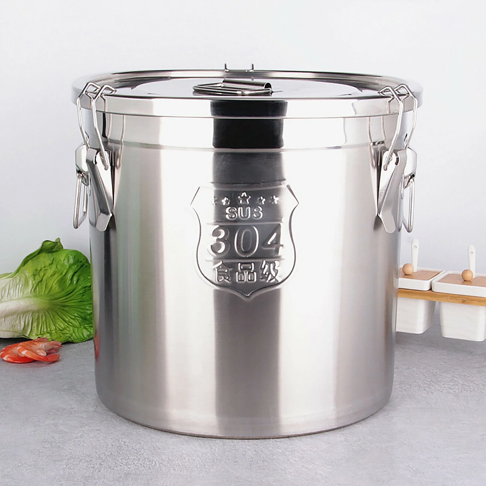 Silver 6L Household Stainless Food Barrel Bucket Dry Food Storage Container with Lid