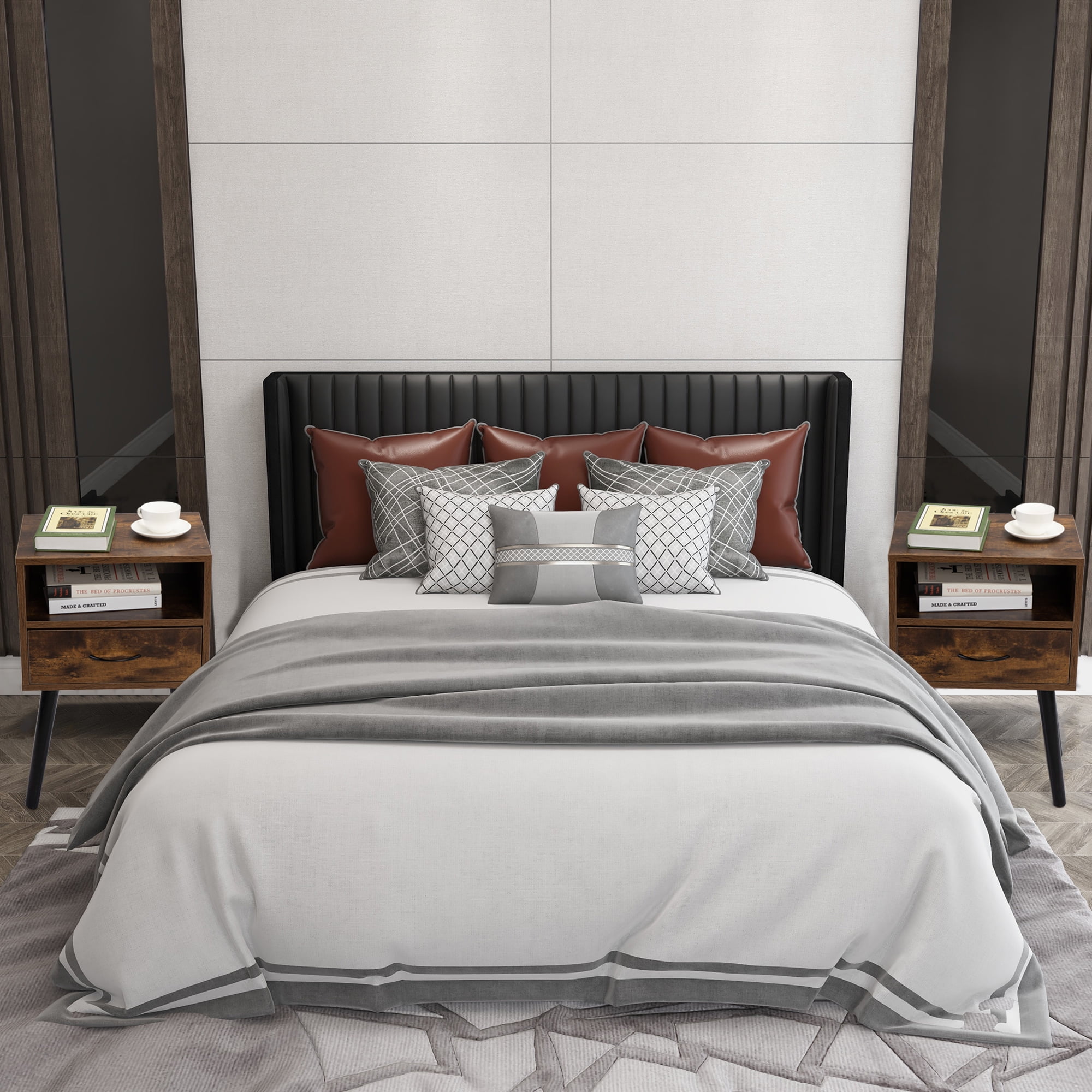 iRerts End Tables Bedroom Set of 2, Wood Nightstand Side Table with Drawer and Storage Shelf, Modern Night Stand Bedside Tables for Living Room Bedroom, Rustic Brown