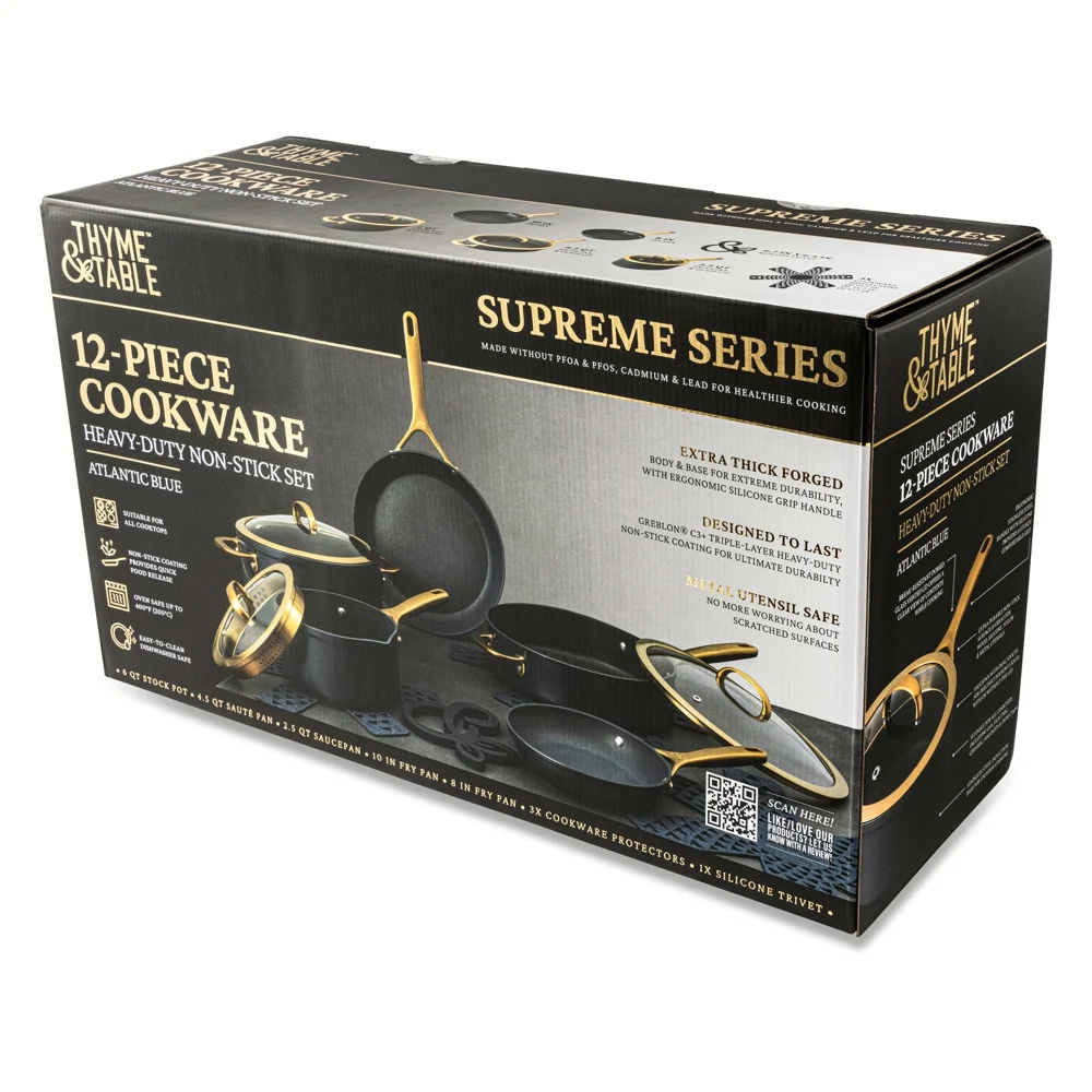 Thyme & Table Non-Stick 12-Piece Supreme Cookware Set, Atlantic Blue