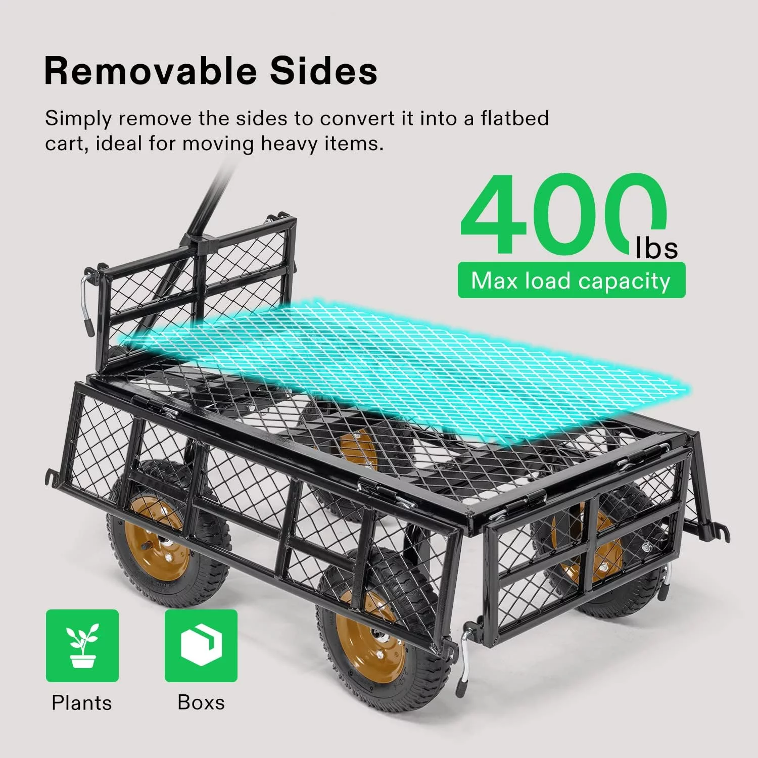 VIVOSUN Heavy-Duty Mesh Steel Garden Cart, 400 lbs Capacity, Steel Utility Garden Wagon with Removable Sides, 8
