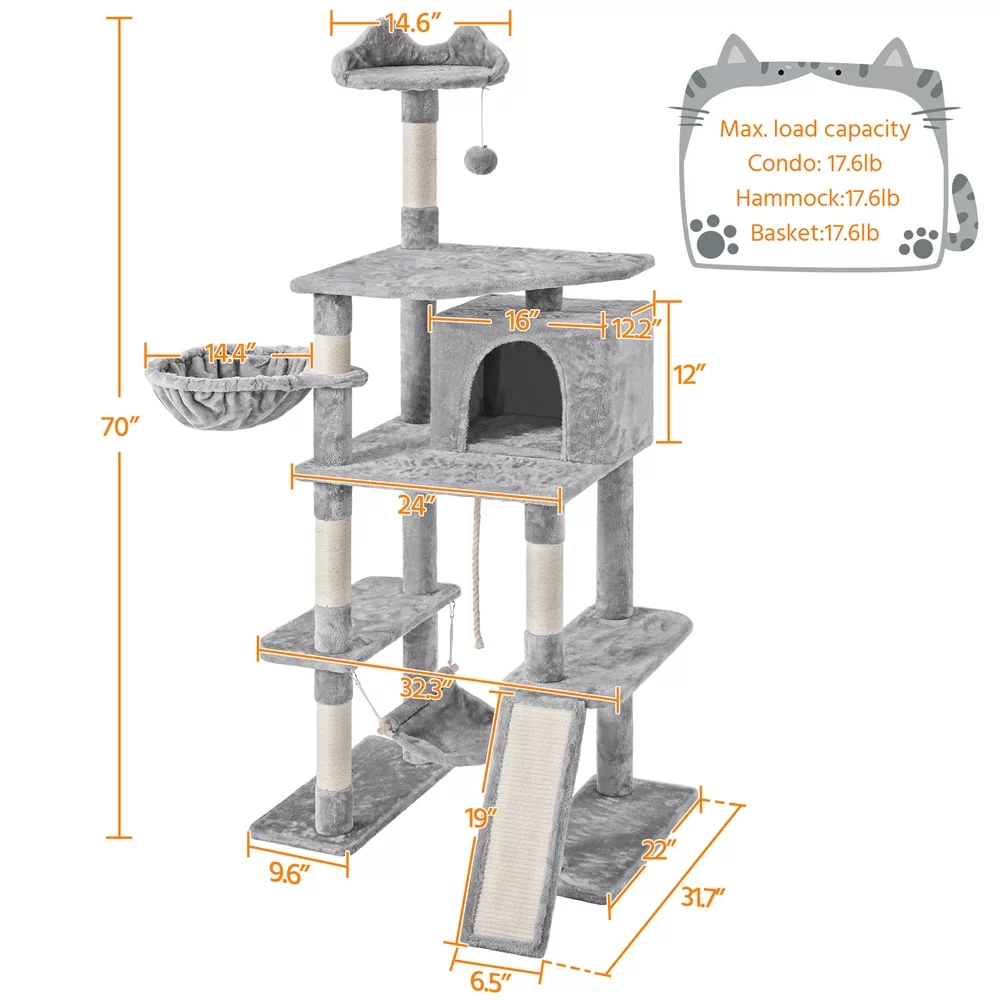 Easyfashion 69.5-inch Cat Tree Cat Activity Center with Scratching Post Tunnel Light Gray