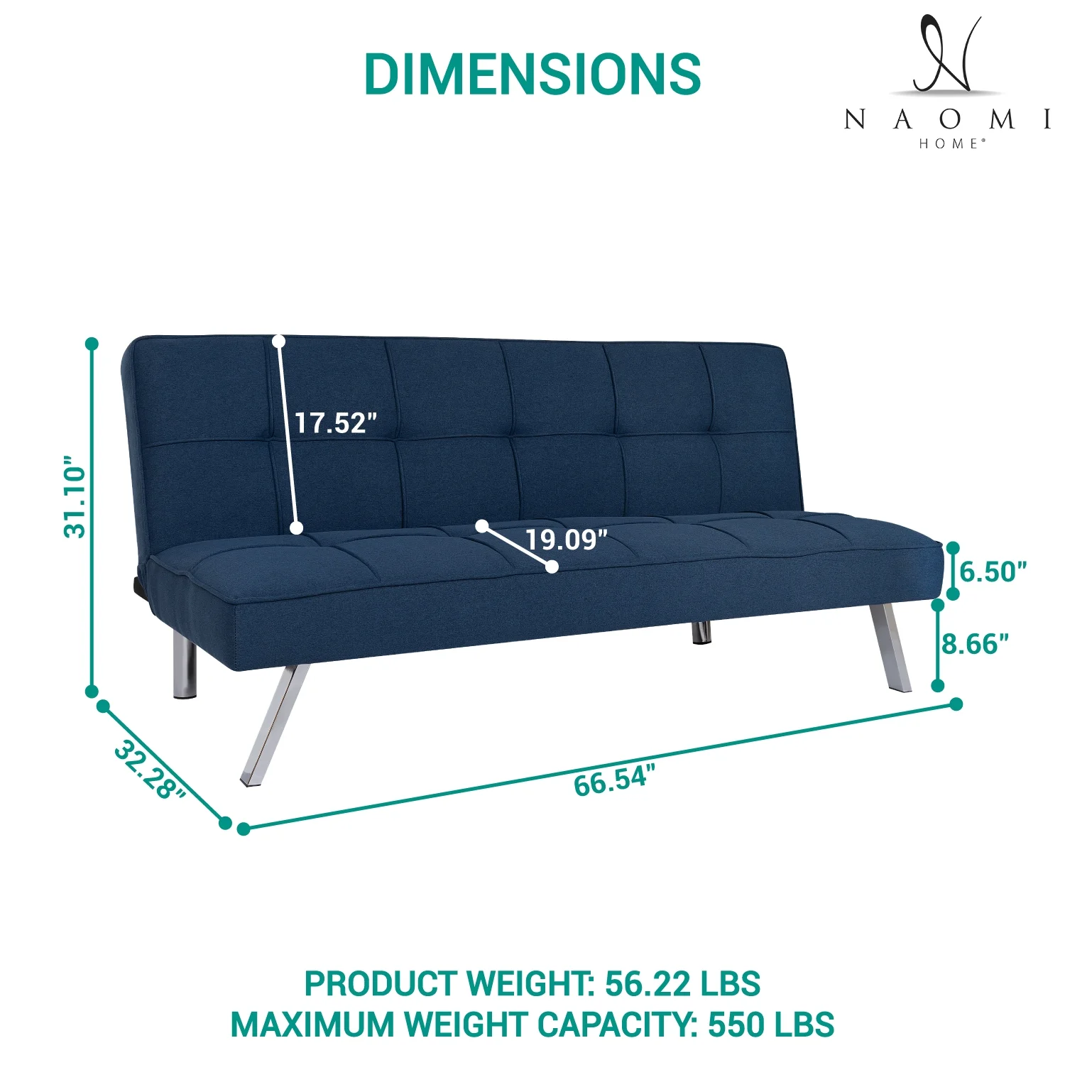 Naomi Home Modern Futon Sofa Bed, Navy Blue, Tufted, Convertible, Linen Fabric, 750 lbs Weight Capacity
