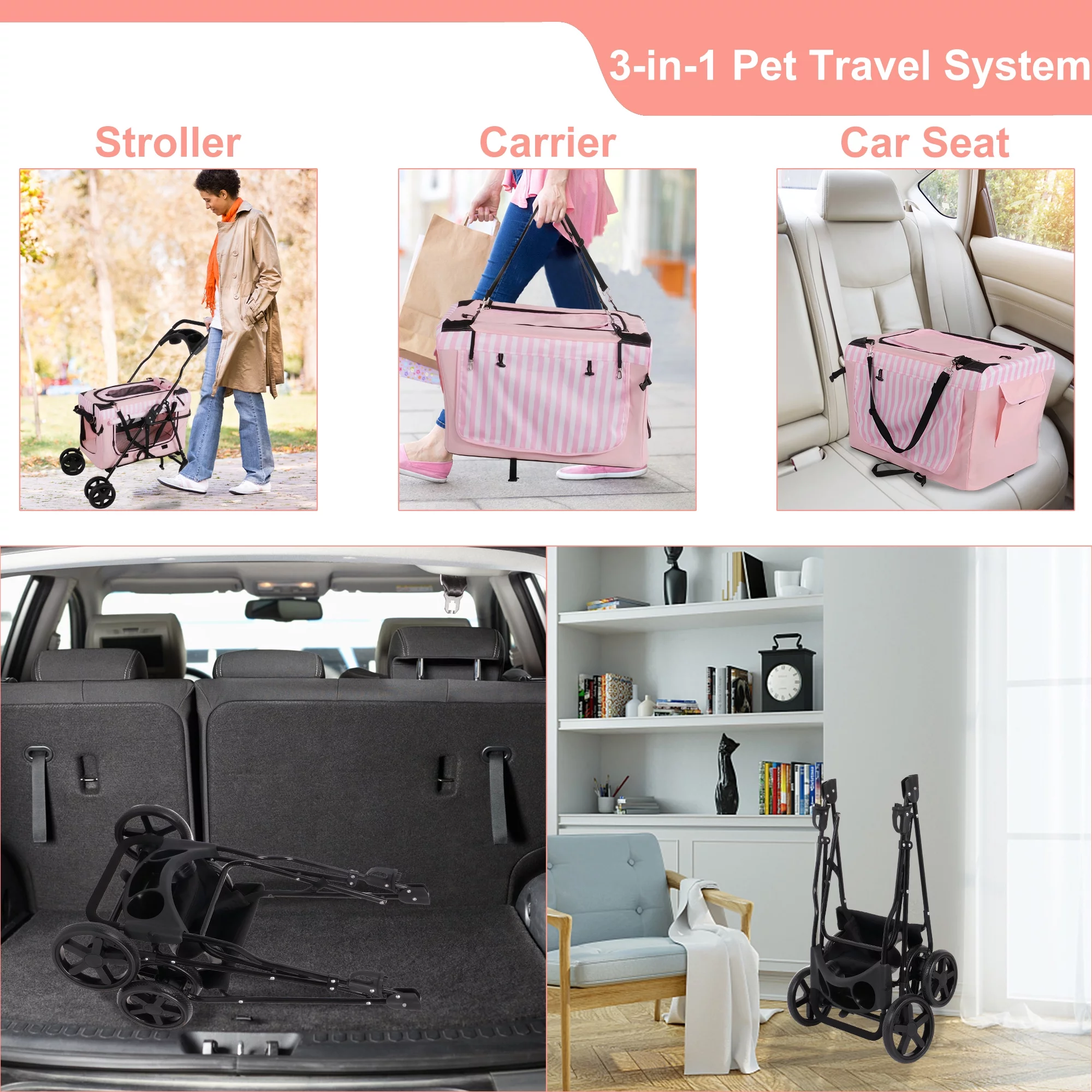 3-in-1 Folding Pet Dog Stroller, 4-Wheel Travel Dog Stroller with Water Cup Holder and Detachable Carrier Bag, Jogger with Pet Cat Kitten Puppy Carriages, Pink