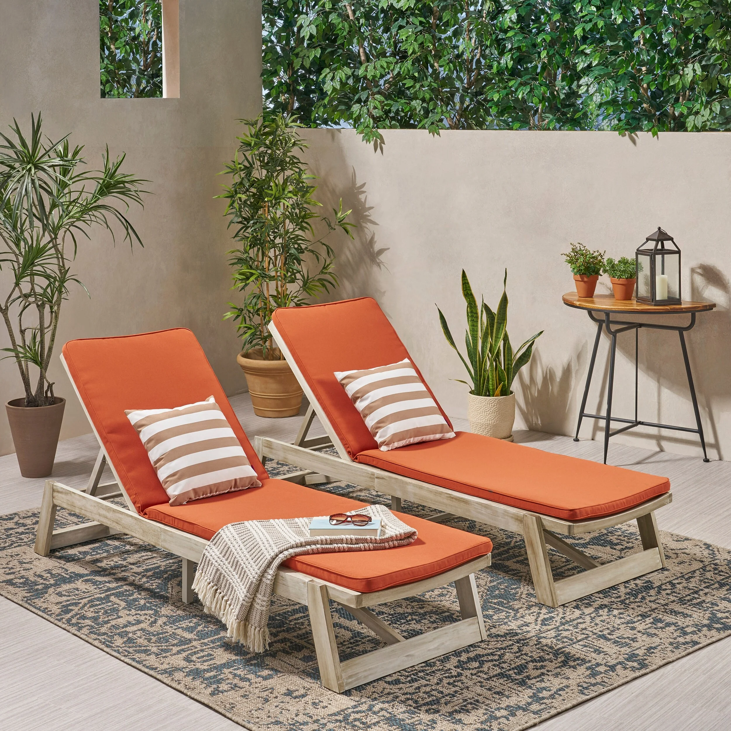 Christopher Knight Home Maki Outdoor Acacia Wood Chaise Lounge and Cushion Set (Set of 2) by  Light Grey Wash with Rust Orange