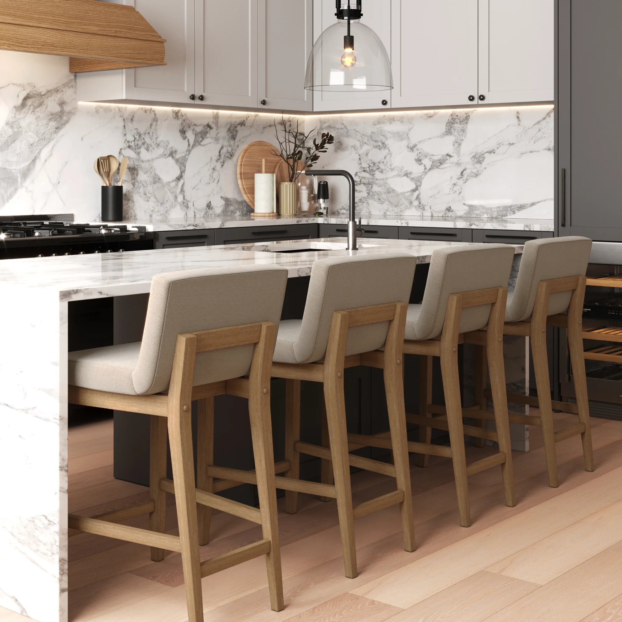 Nathan James Gracie Modern Counter Height Bar Stool with Back, Counter Stool Upholstered Chair with Natural Flax White Fabric and Brushed Wooden Legs