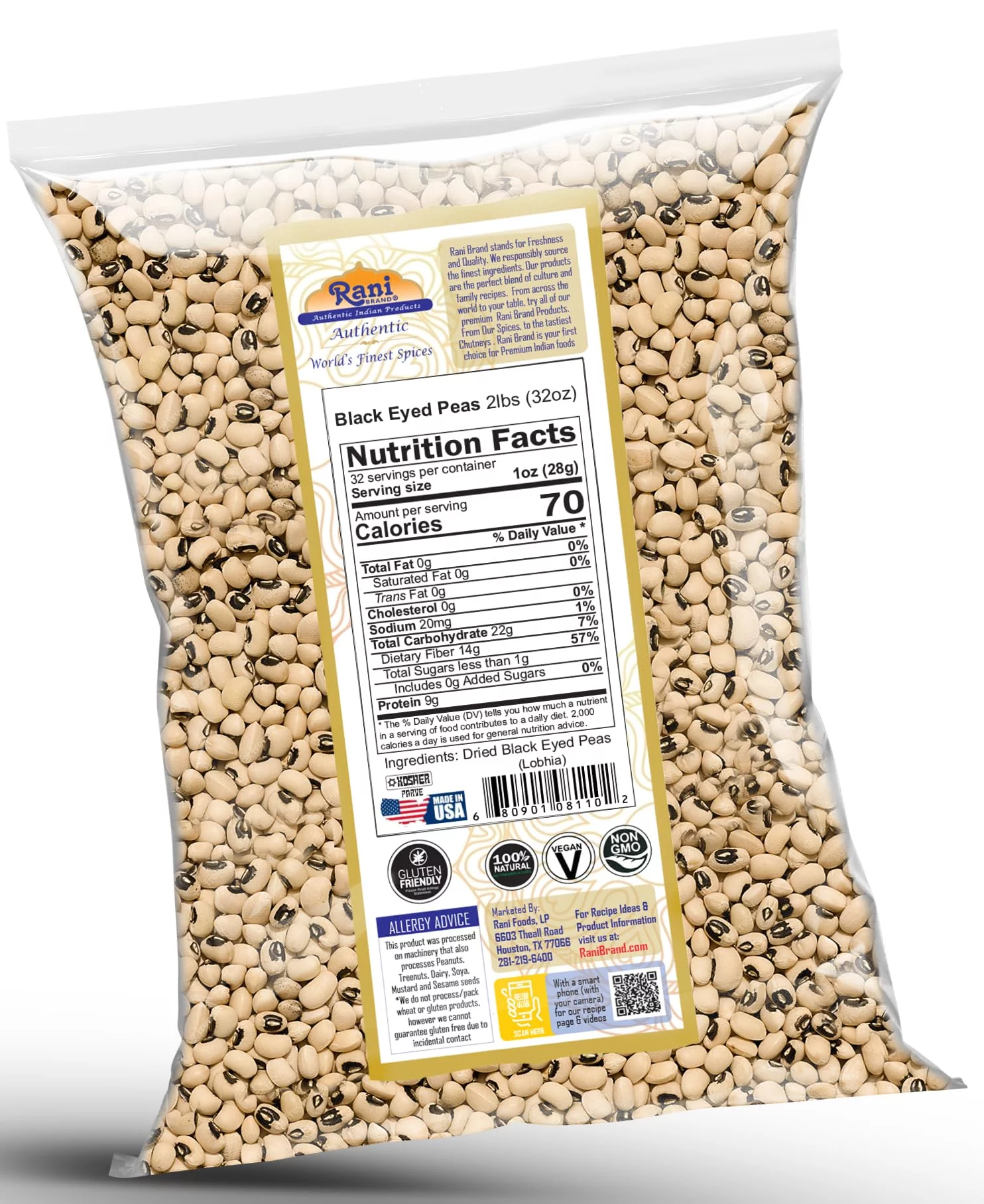 Rani Black Eyed Peas, Dried Cowpeas (Lobhia) 32oz (2lbs) 908g ~ All Natural | Vegan | Kosher | Gluten Friendly | Product of USA