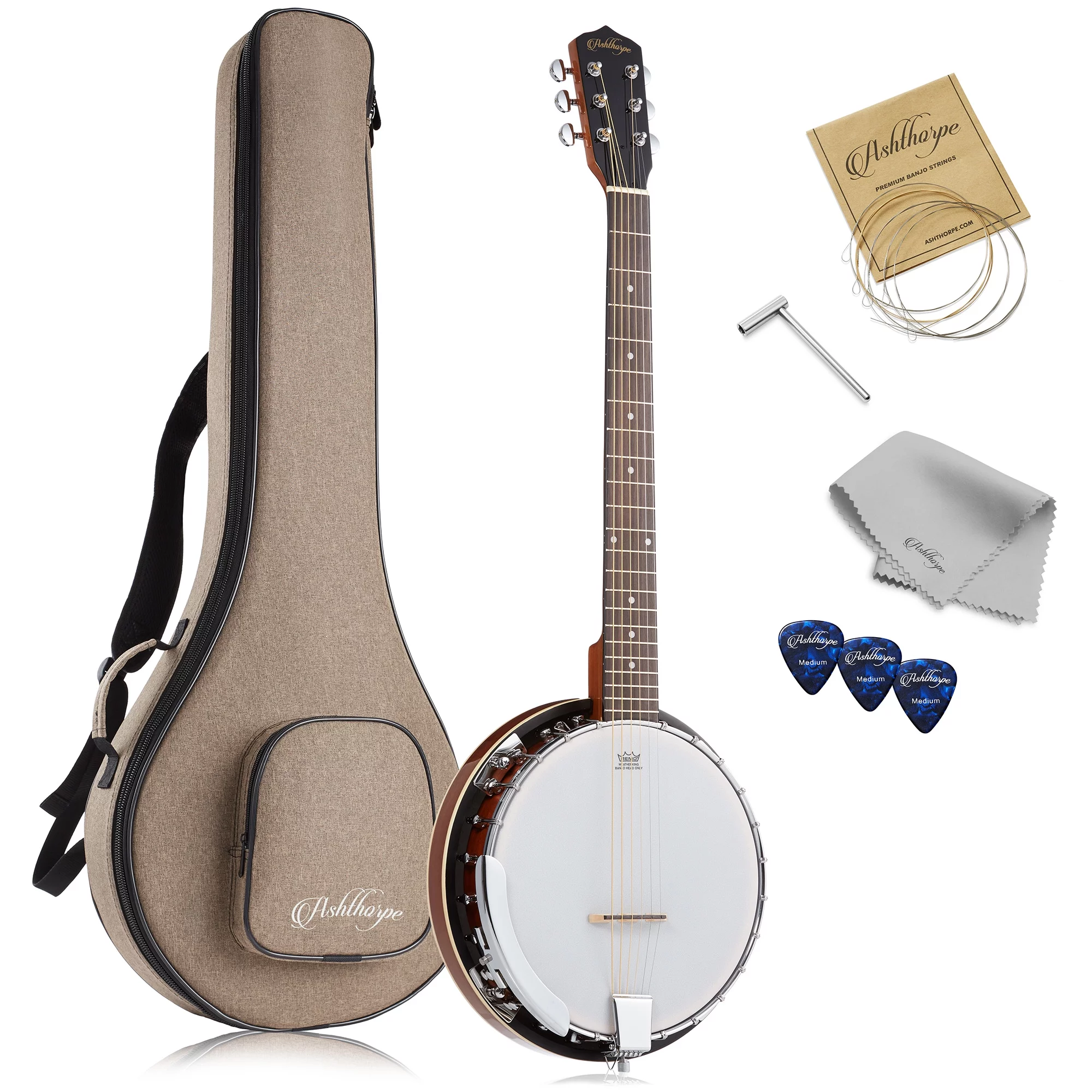 Ashthorpe 6-String Banjo Full Size with 24 Brackets, Closed Back, Mahogany Resonator