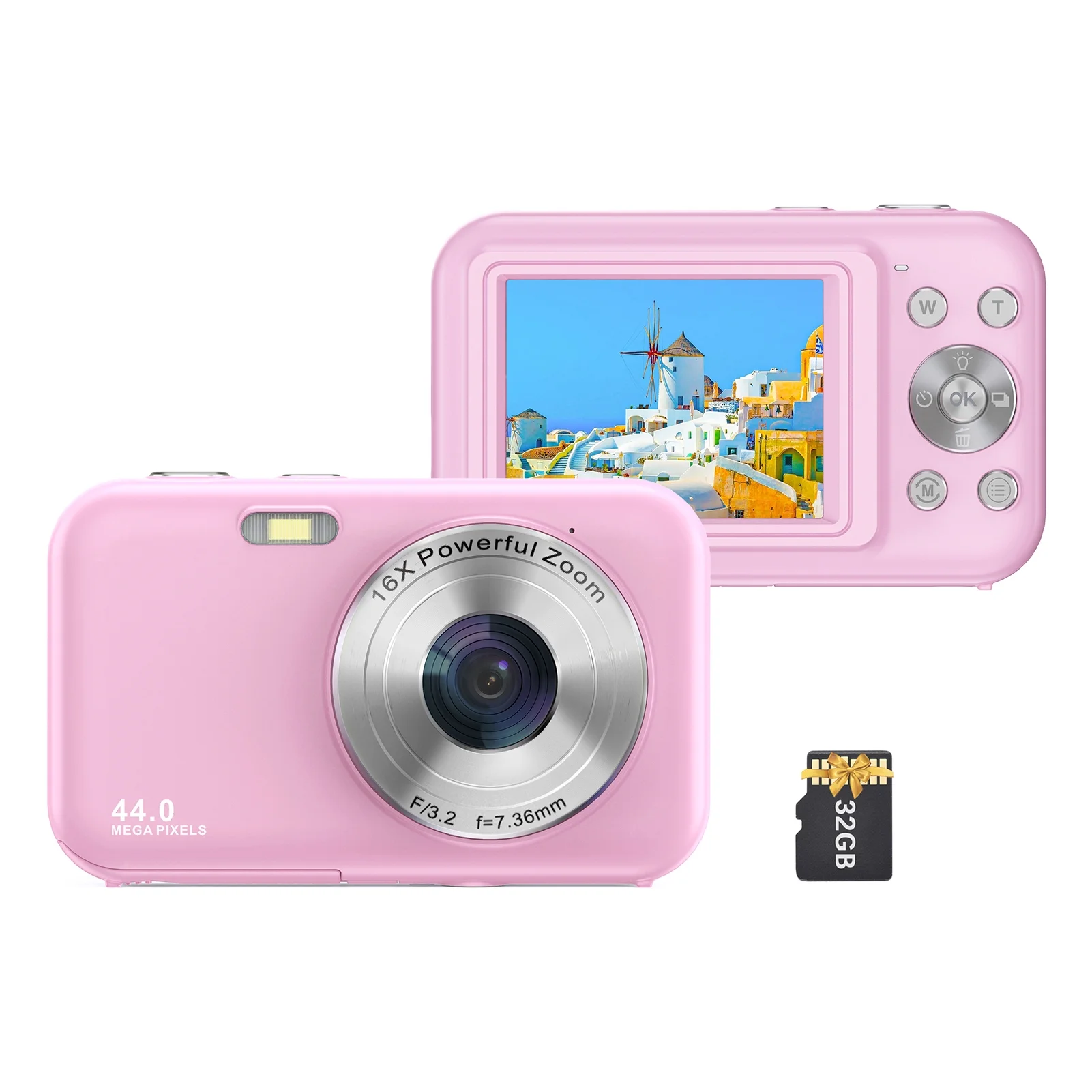 Portable Digital Camera 1080P Video Camera 44MP 16X Digital Zoom Auto Focus Self Timer Anti Shaking Built in Battery 32GB Memory Card Gift Kids Boys Girls