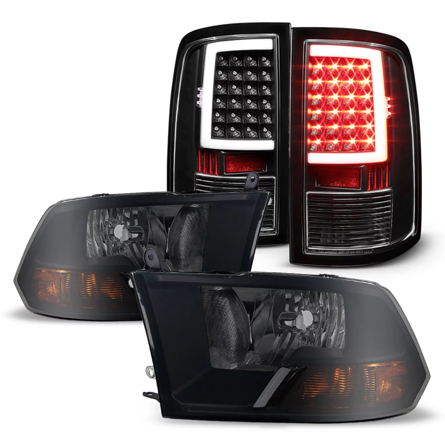AKKON - Fits 2009-2018 Ram 1500 2010-2018 Ram 2500 / 3500 Black Smoked Headlights + [C-Light Bar] LED Blk Tail Brake Lights Pair