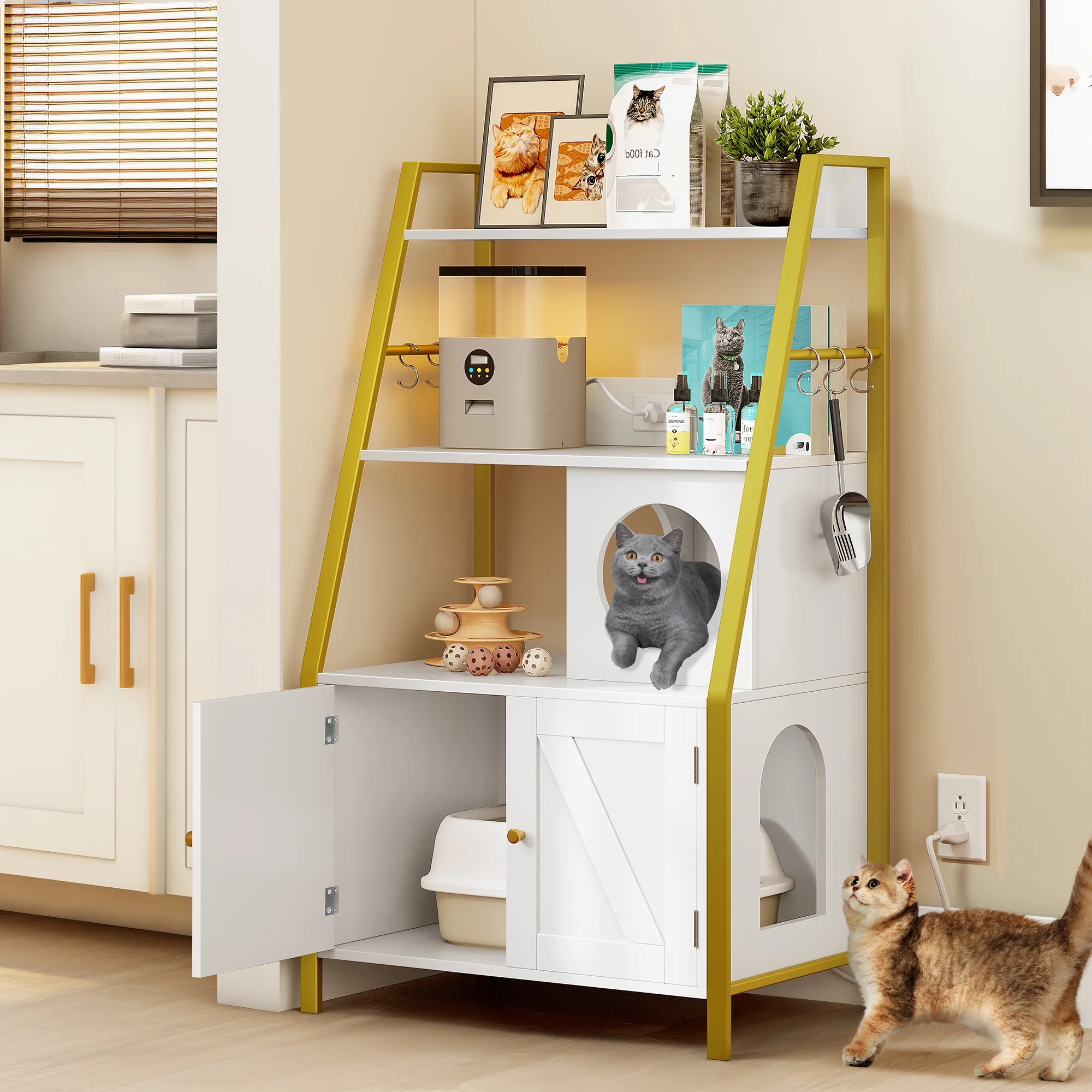 Dextrus Large Hidden Litter Cat Box Enclosure with Charging Station, 3 Shelves and Storage, Indoor Cat Box/House with Cat Tree for Most Litter Box - White & Gold