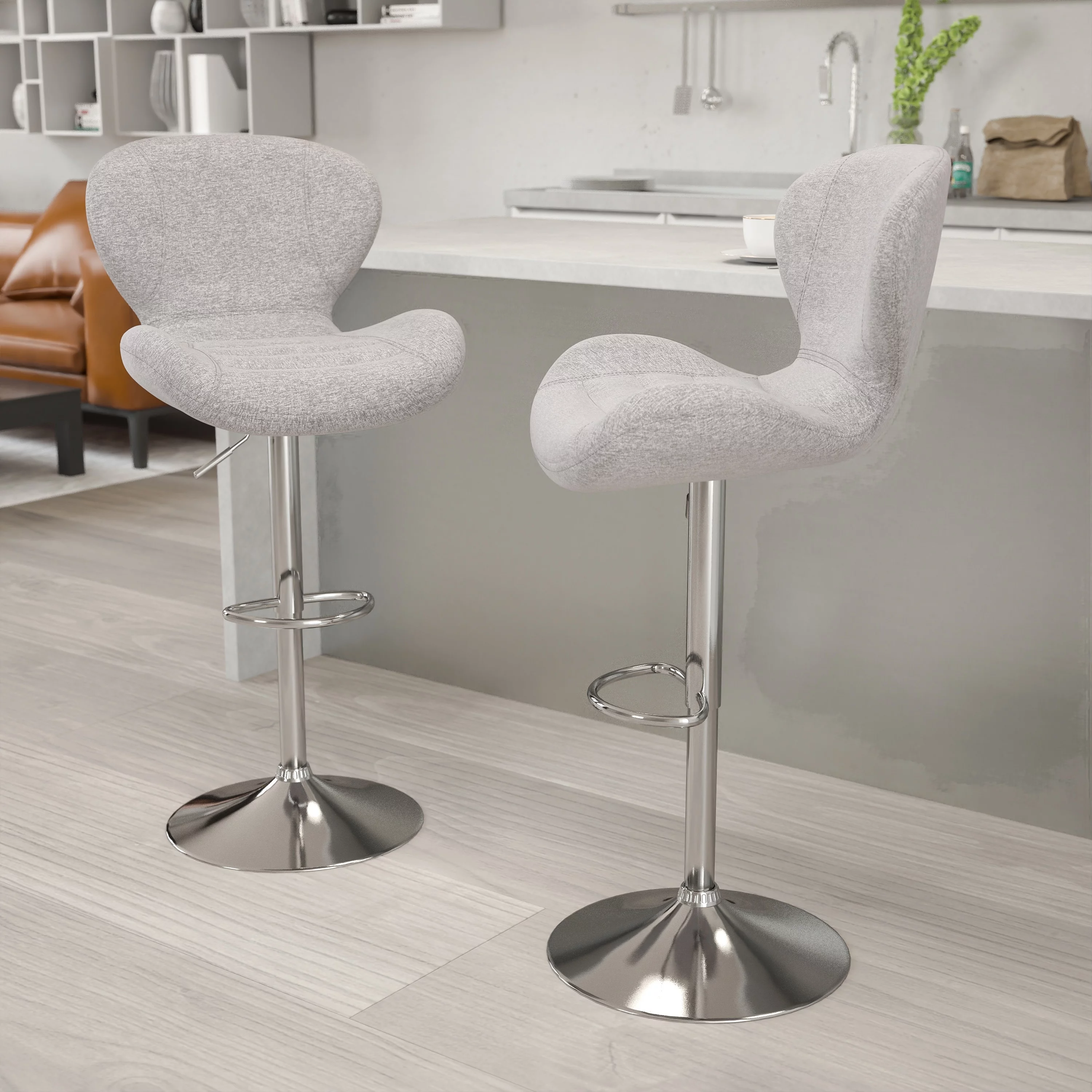 Flash Furniture Modern Low-back Height-adjustable Chrome/Vinyl Barstools (Set of 2) Grey Fabric