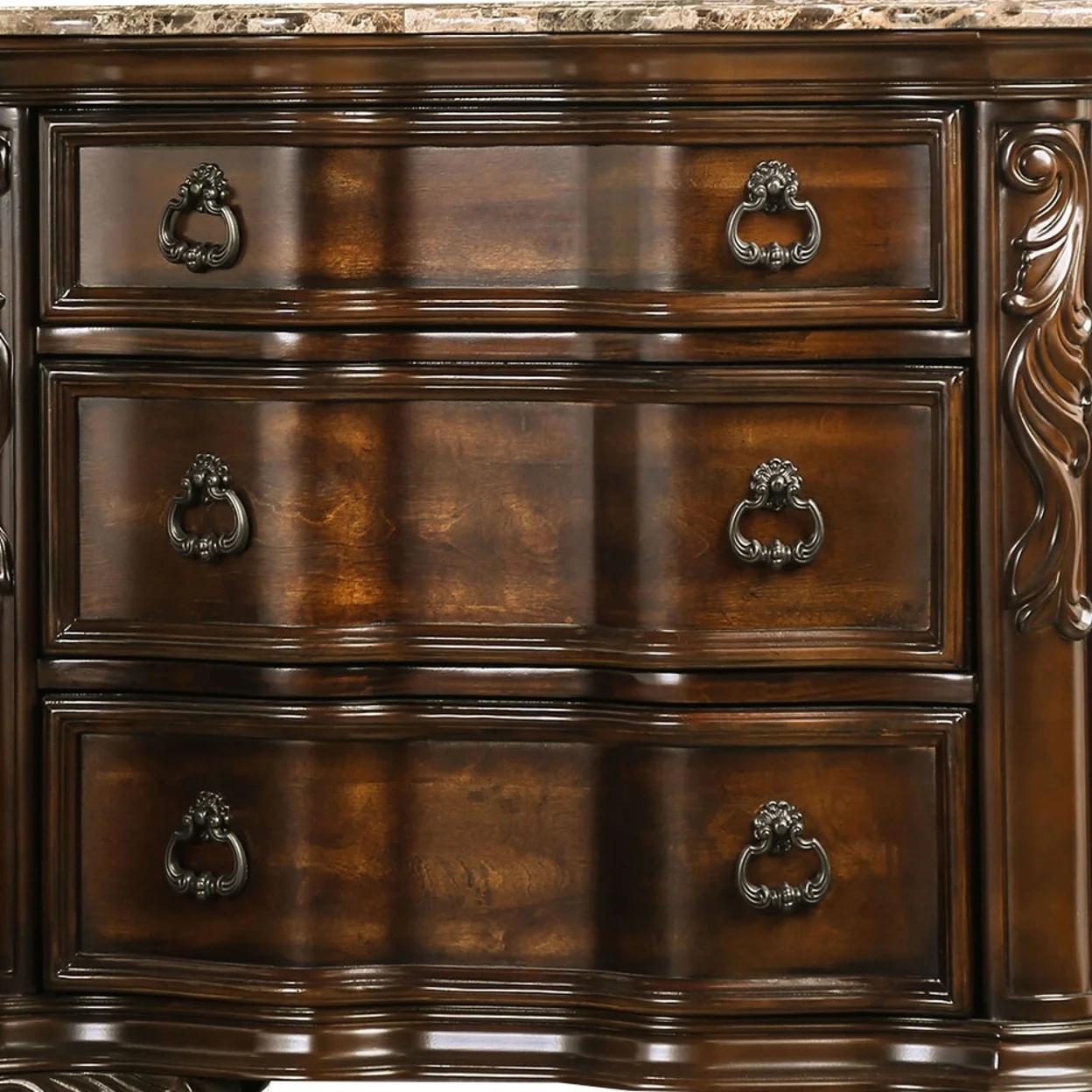 3 Drawer Wooden Nightstand with Marble Top and Scrolled Legs Brown- Saltoro Sherpi