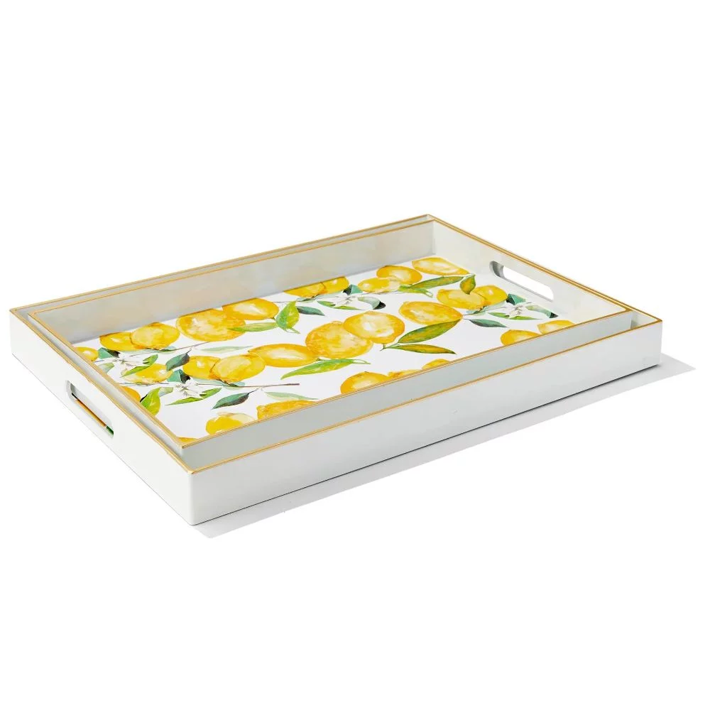 American Atelier, Lemon Branches Polypropylene Rectangular Serving Tray with Handles, Set of 2