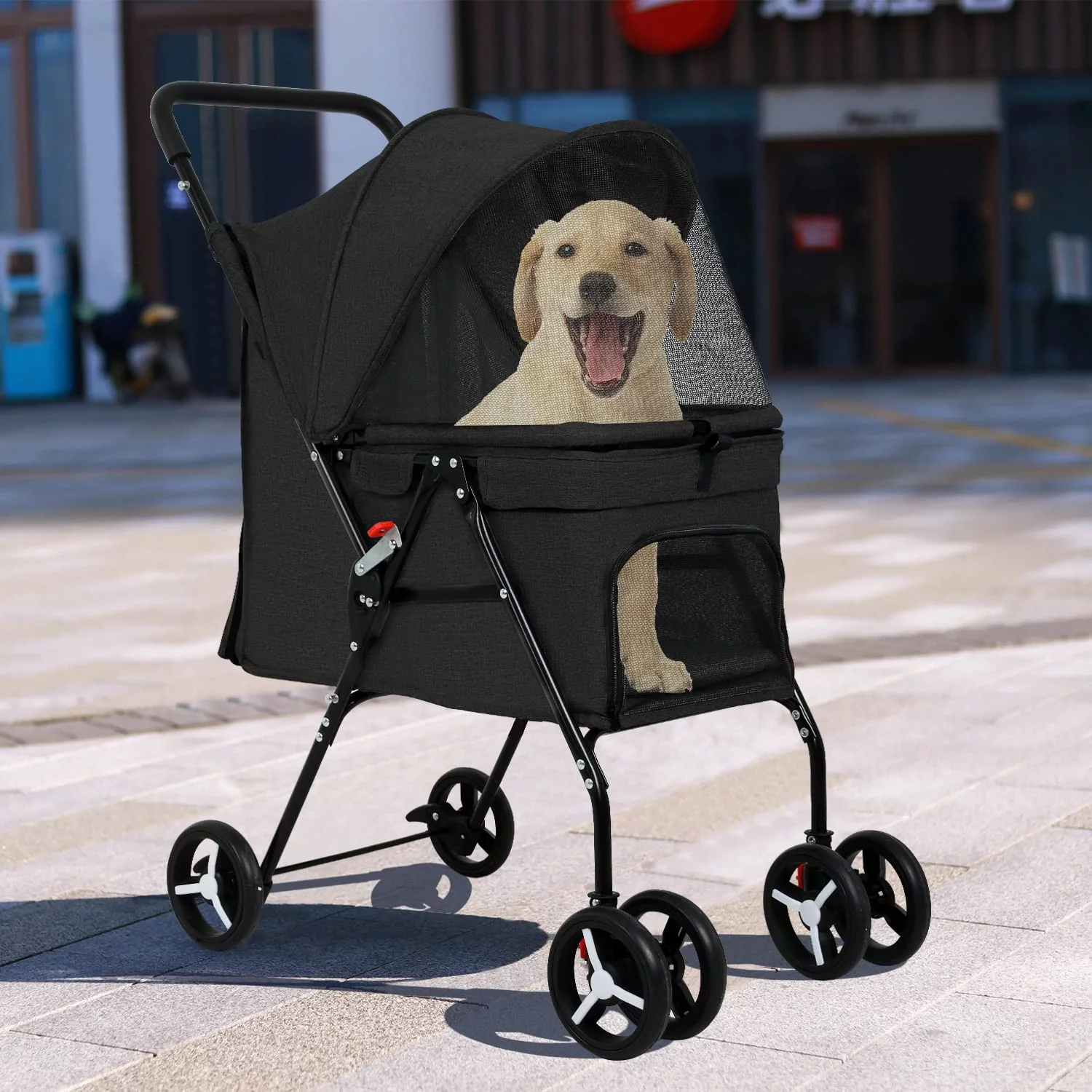 NiamVelo Folding Pet Dog Stroller 4 Wheels Cat stroller with Large Door Curtain Ventilate Mesh for Travelling Walking, Black