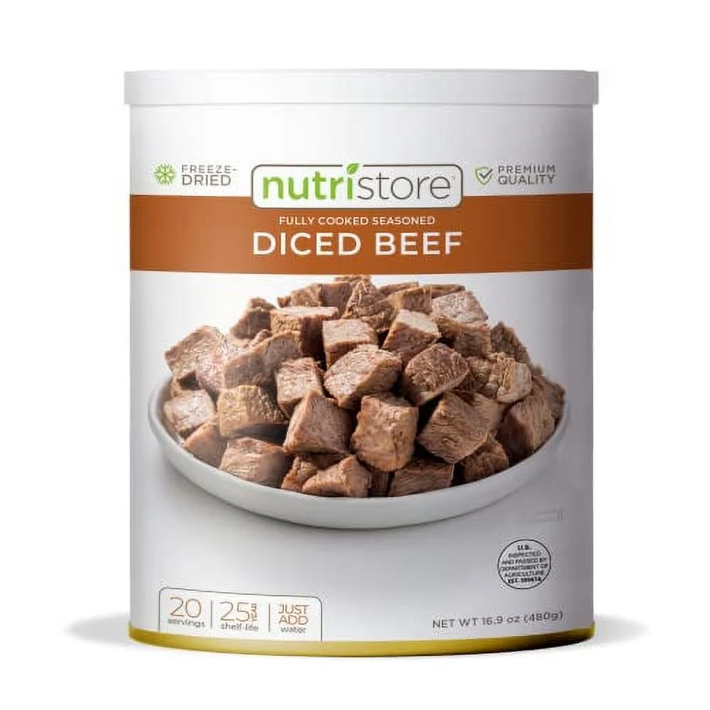 Nutristore Freeze Dried Beef Dices | Pre-Cooked Meat for Backpacking, Camping, Meal Prep | Long Term Survival Emergency Food Supply | 25 Year Shelf Life | Bulk #10 Can | Made in USA (Variety 3-Pack)