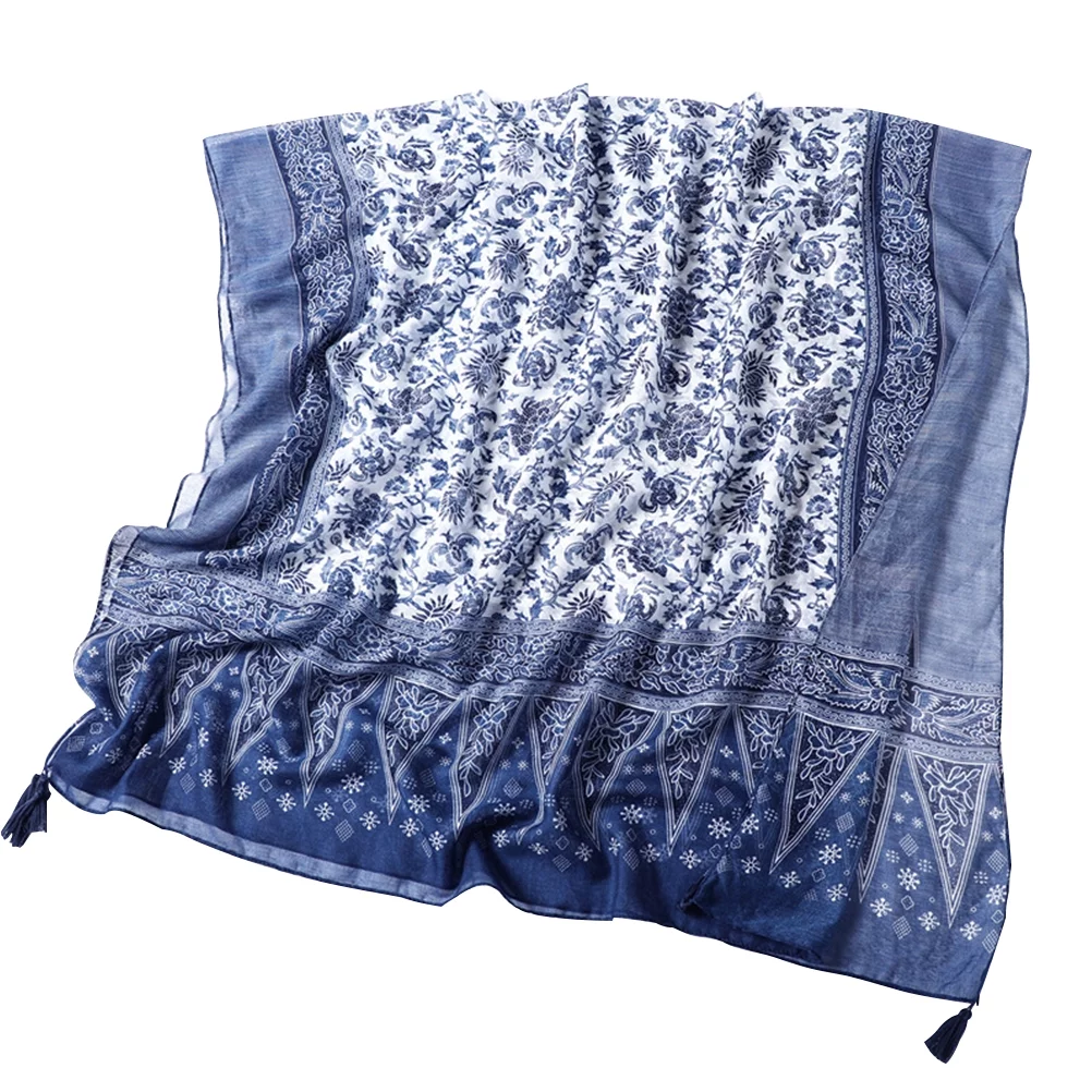 HEMOTON 1pc Cotton Fringed Shawl Blue and White Porcelain Pattern Scarf Retro Shawl Blue