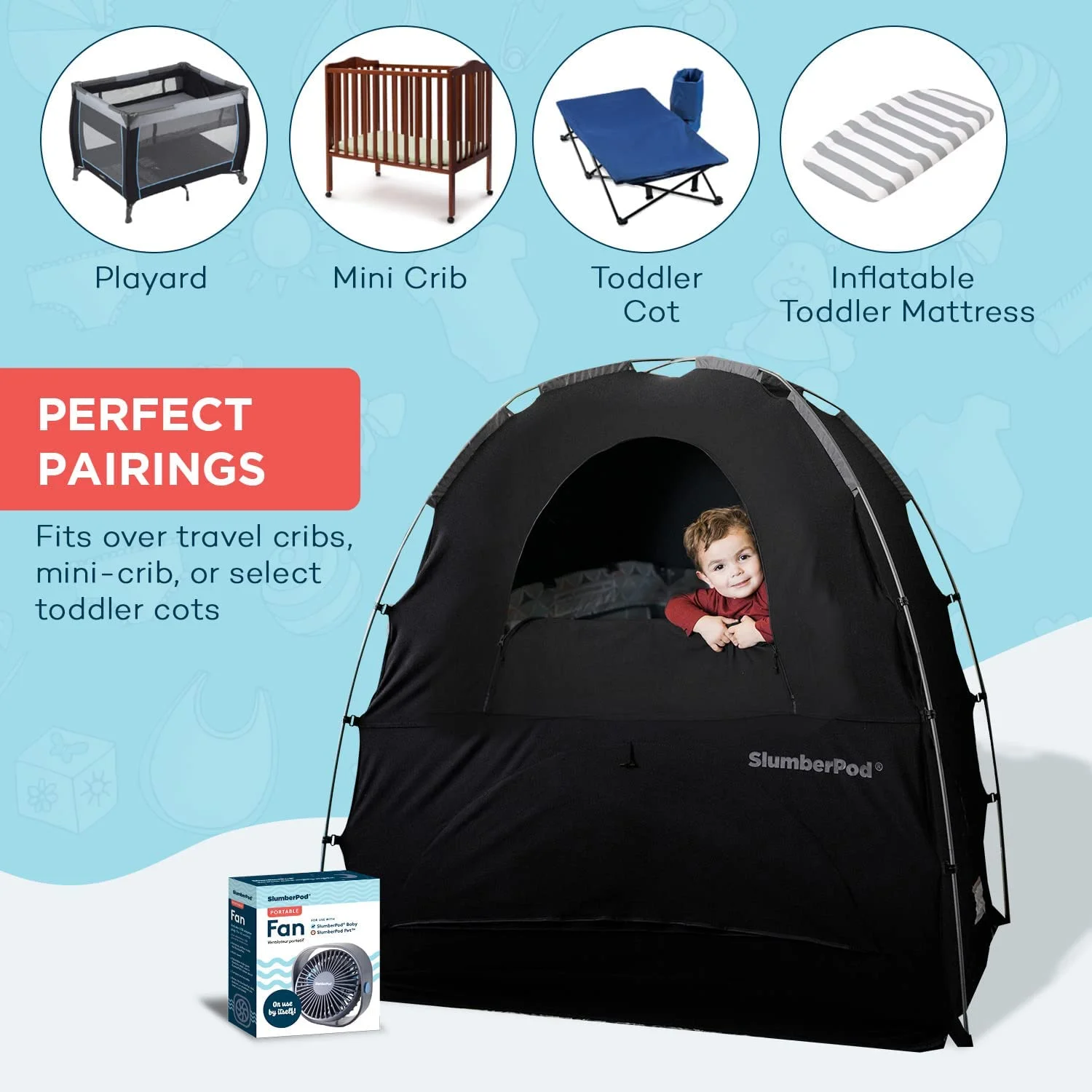 SlumberPod and Fan Combo 3.0  Portable Privacy Pod Blackout Canopy Crib Cover  Sleeping Space for Age 4 Months and Up  Pack n Play Blackout Cover  Baby Travel Crib Canopy (Black/Grey)