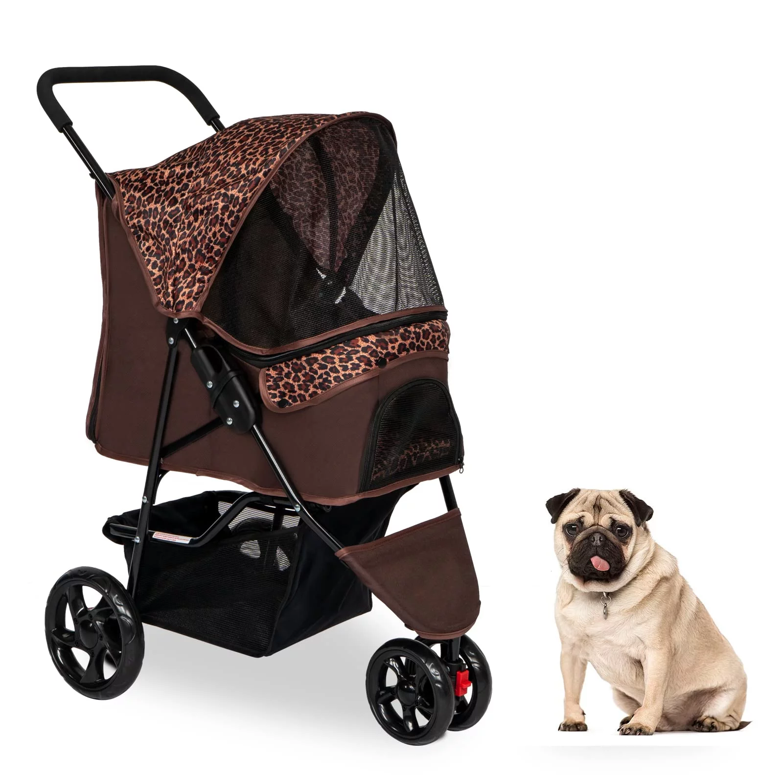 Kinbor Folding Dog Stroller - Pet Stroller w/3 Wheels, Storage Basket and Removable Liner, Leopard Brown