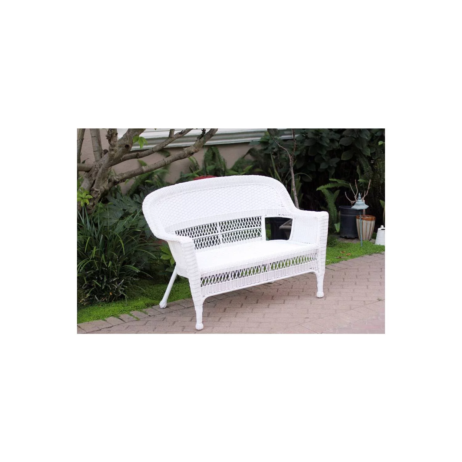 Jeco White Wicker Patio Love Seat and Coffee Table Set without Cushion